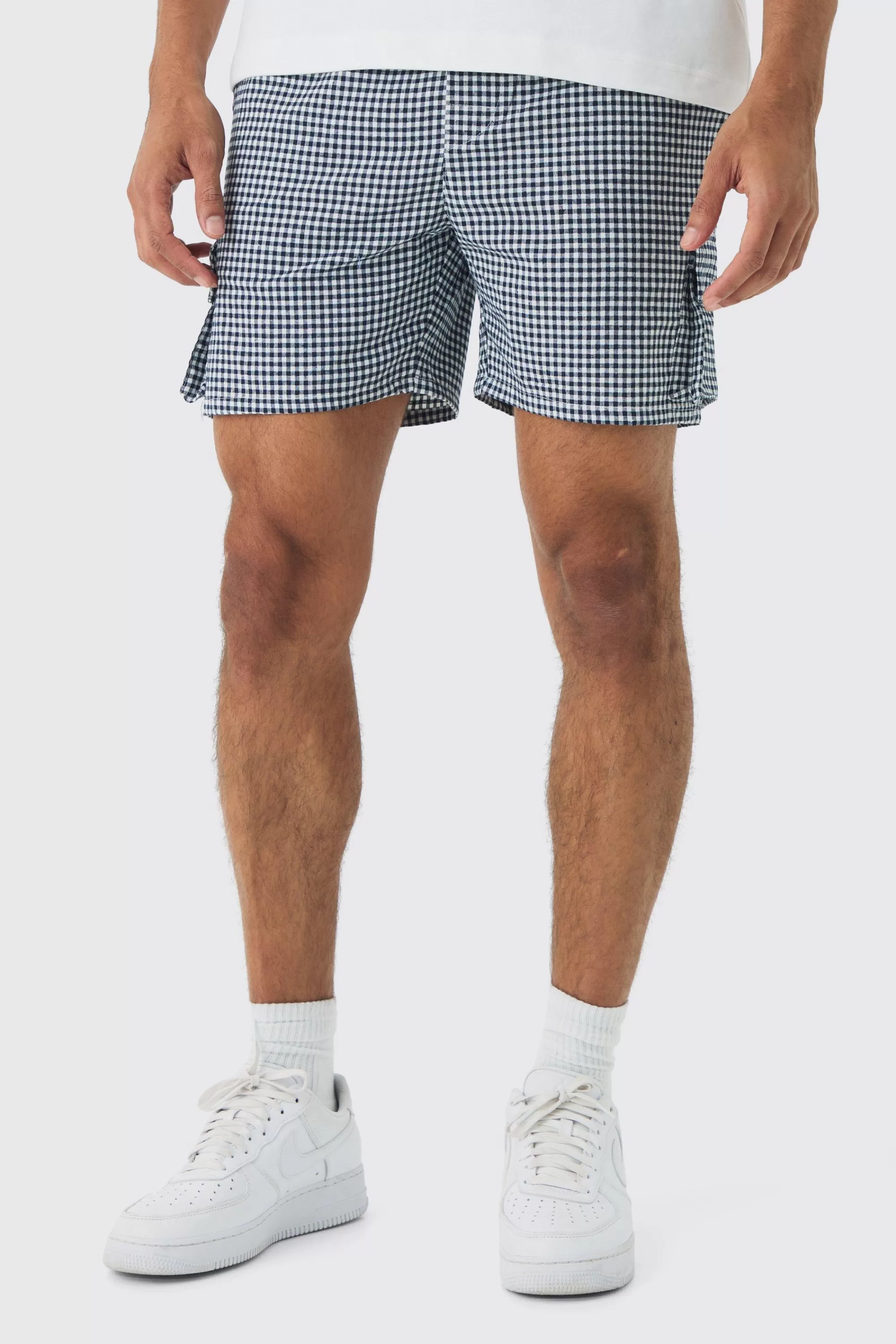 boohooMAN Elasticated Waist Gingham Check Linen Look Short In | UK