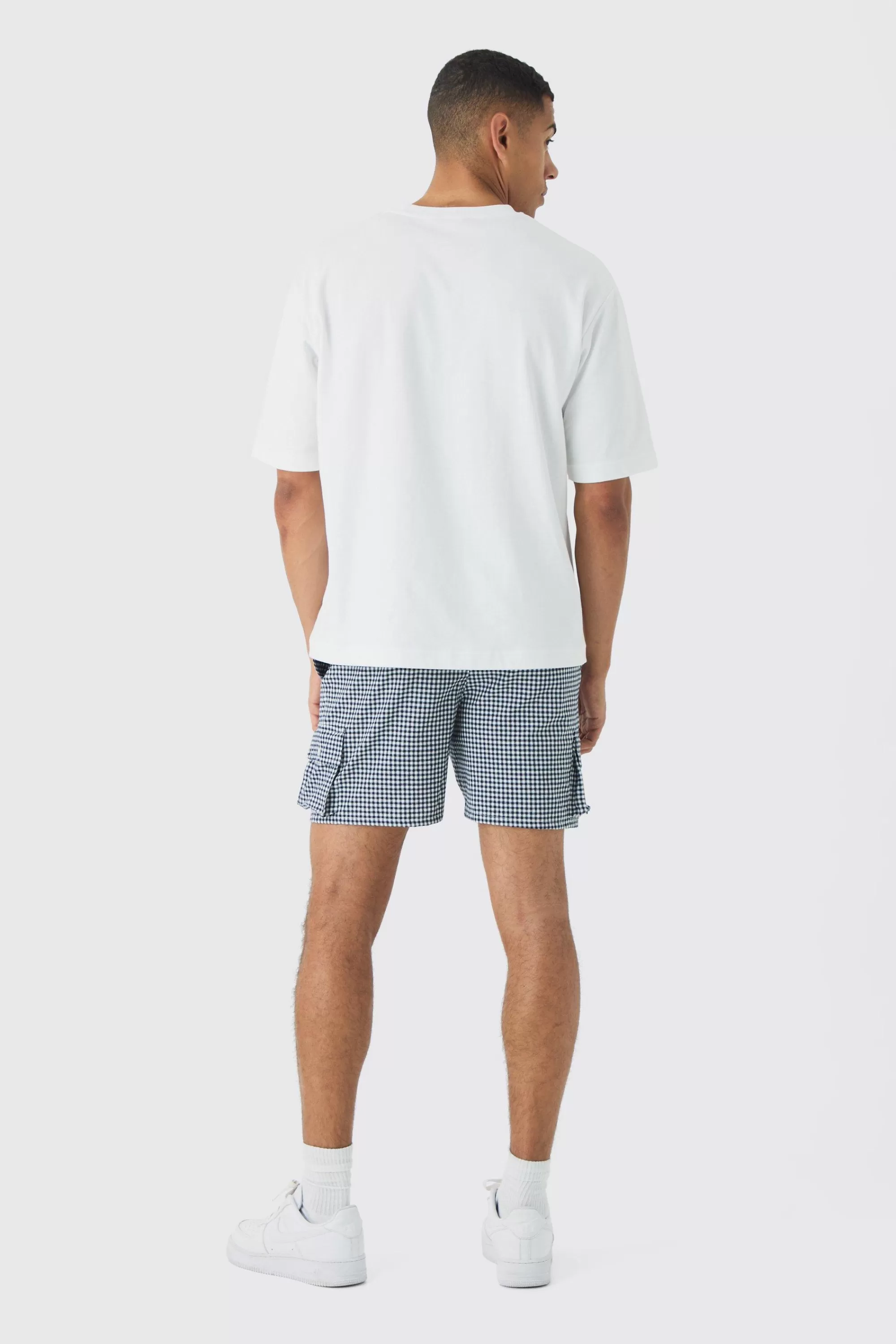 boohooMAN Elasticated Waist Gingham Check Linen Look Short In | UK