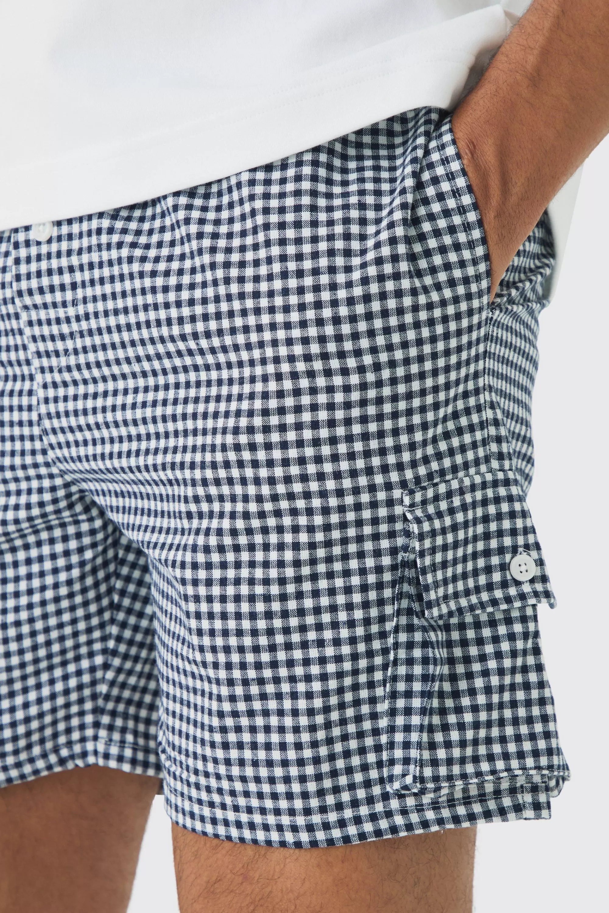 boohooMAN Elasticated Waist Gingham Check Linen Look Short In | UK
