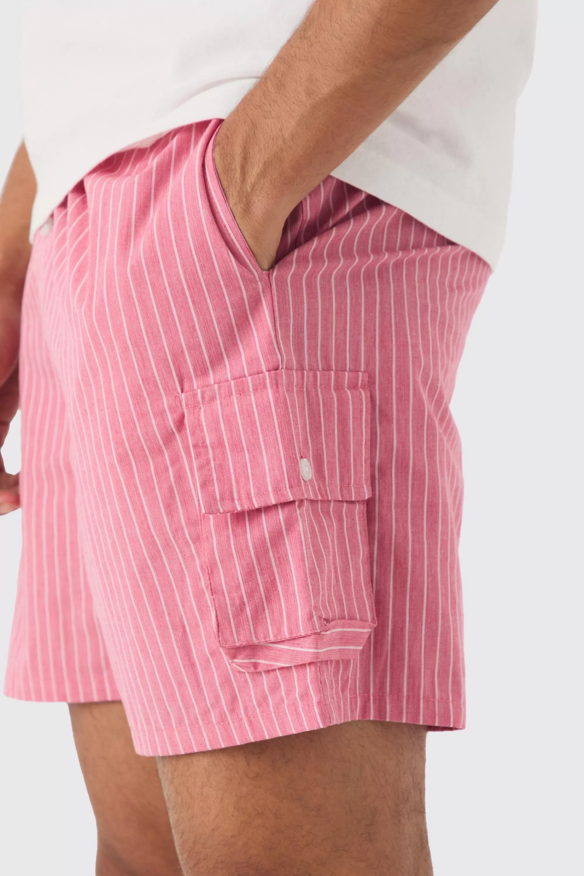 boohooMAN Elasticated Waist Pinstripe Linen Look Short In | UK