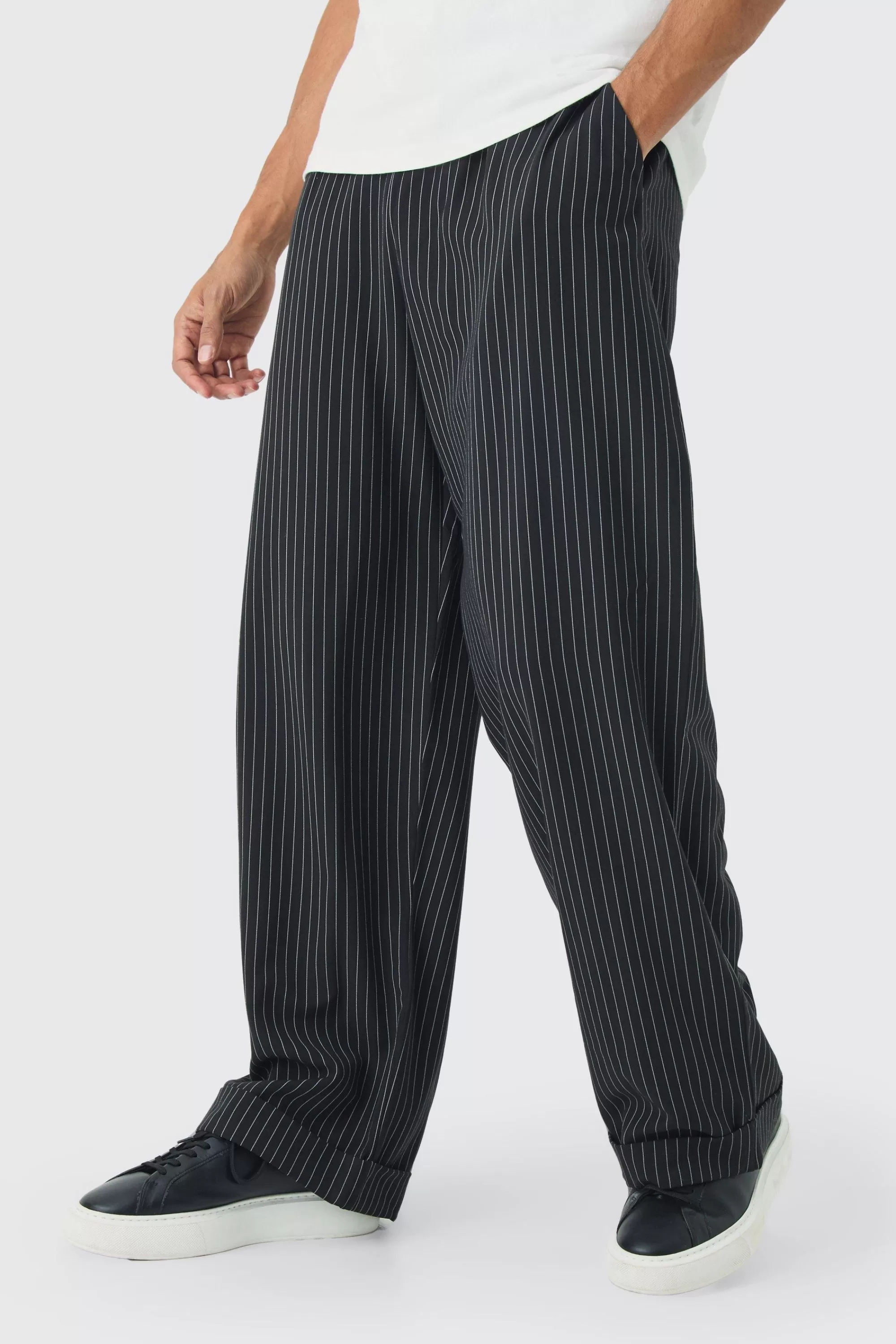 boohooMAN Elasticated Waist Relaxed Pinstripe Turn Up Hem Trousers | UK
