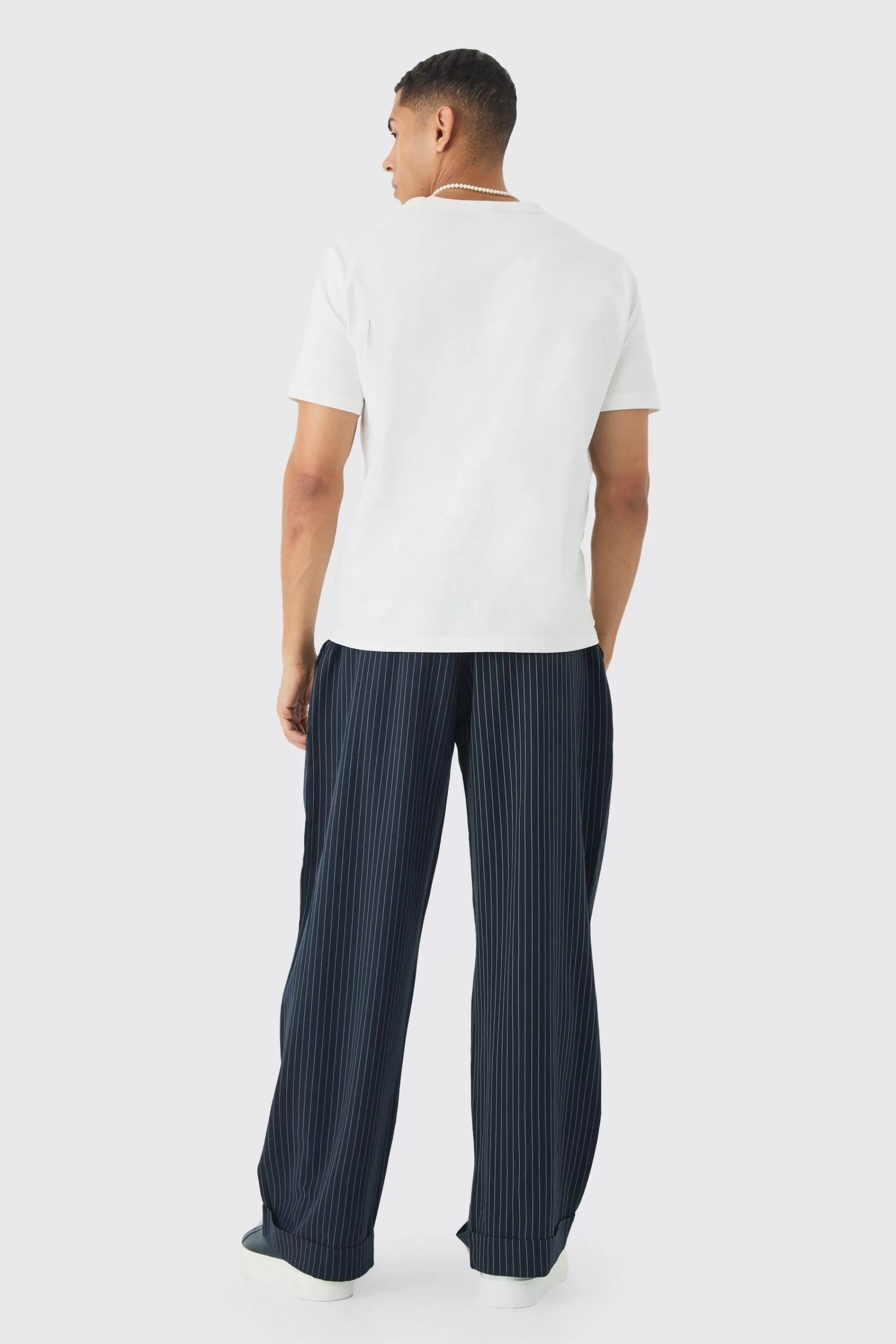 boohooMAN Elasticated Waist Relaxed Pinstripe Turn Up Hem Trousers | UK