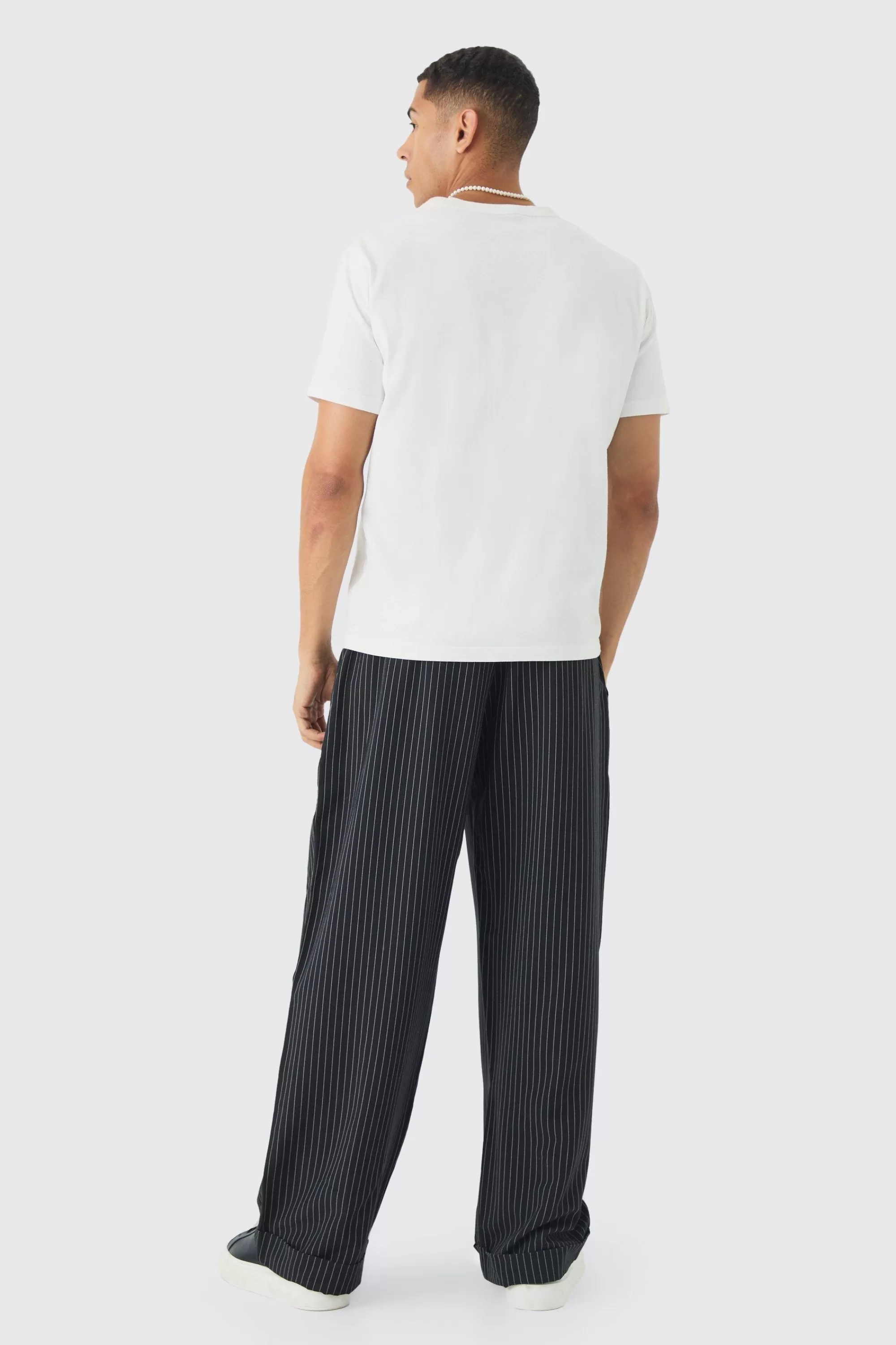 boohooMAN Elasticated Waist Relaxed Pinstripe Turn Up Hem Trousers | UK