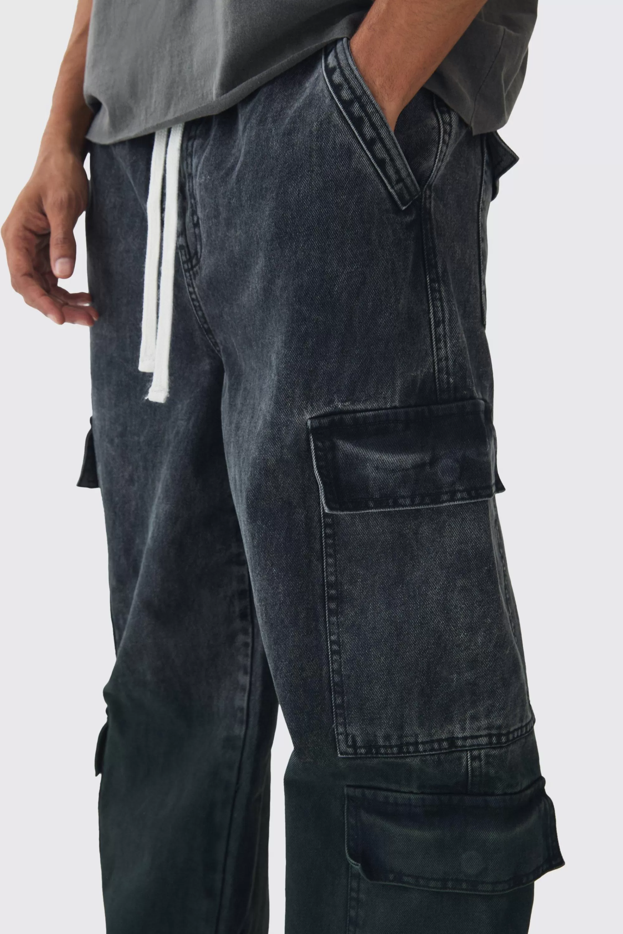boohooMAN Elasticated Waist Relaxed Rigid Ombre Cargo Denim Jeans | UK