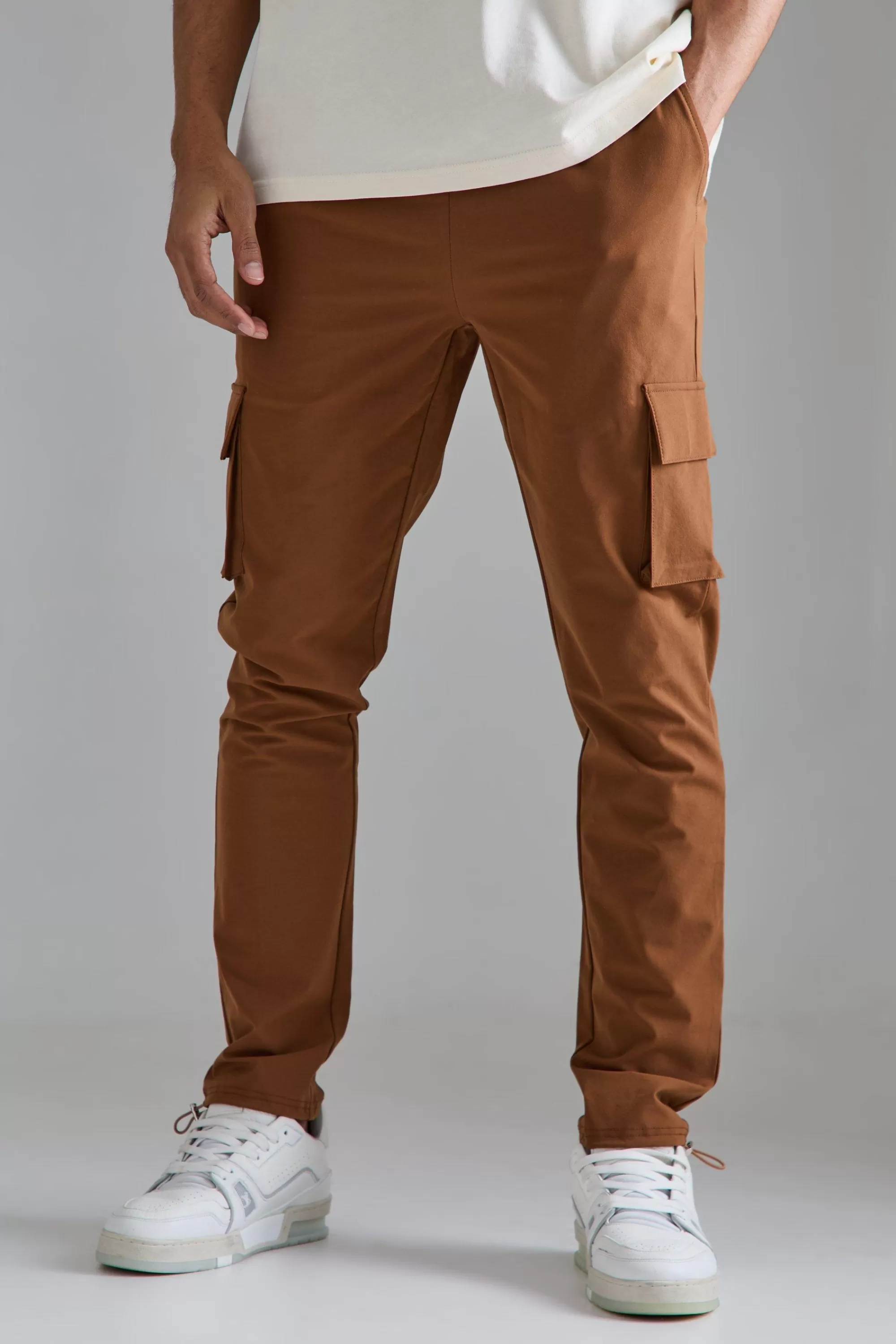 boohooMAN Elasticated Waist Skinny Stretch Cargo Trousers | UK