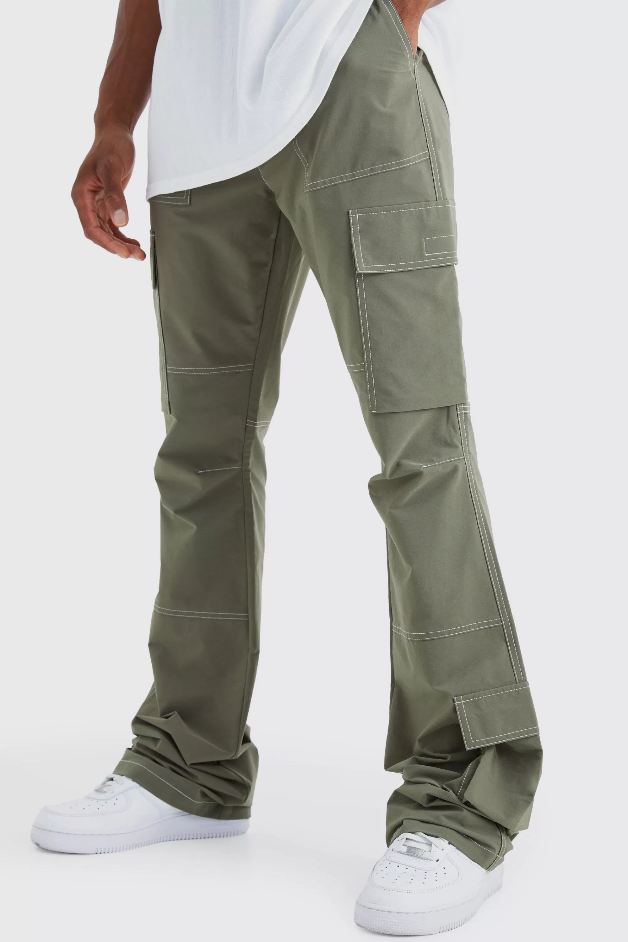 boohooMAN Elasticated Waist Slim Flare Contrast Stitch Cargo Trouser | UK