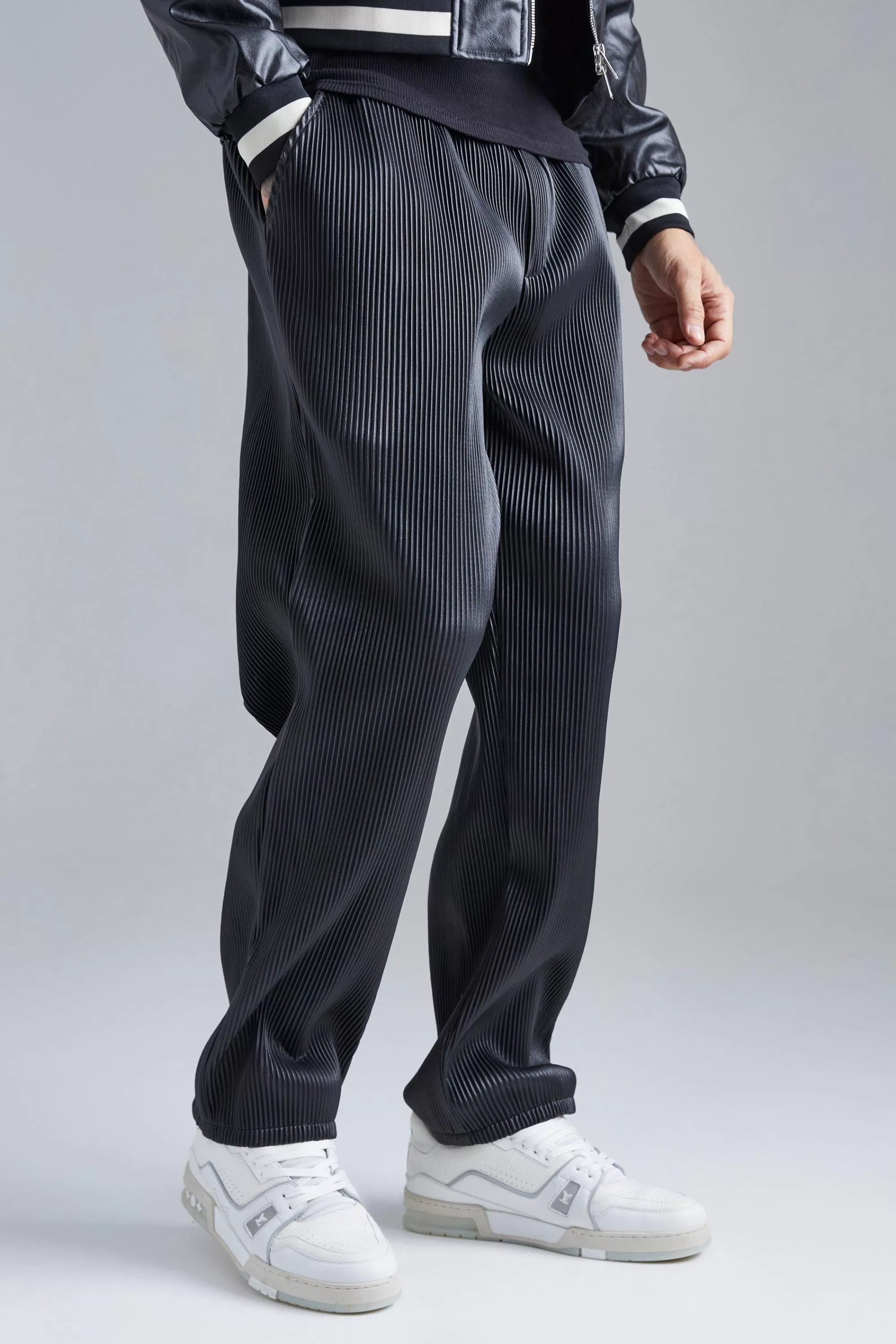 boohooMAN Elasticated Waist Straight Fit Pu Trousers | UK