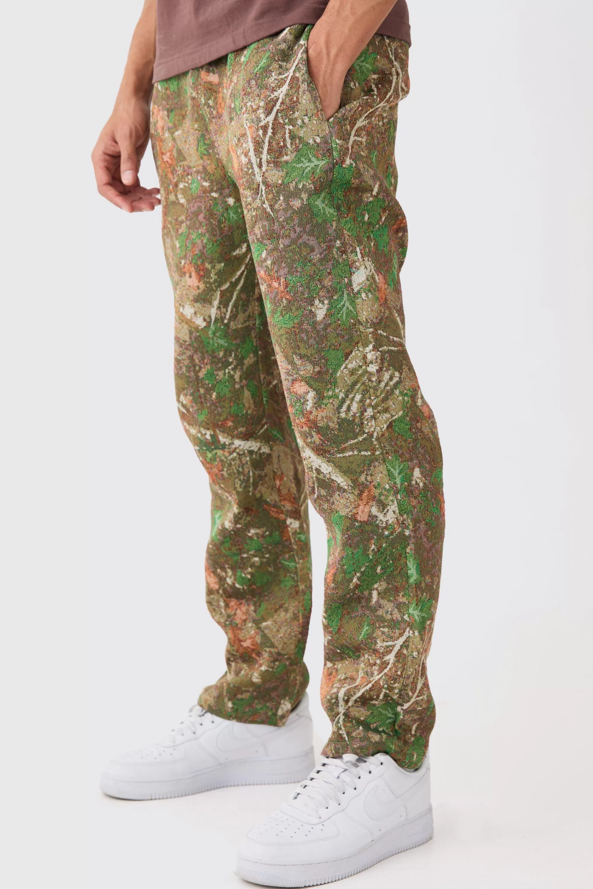 boohooMAN Elasticated Waist Straight Leg Camo Tapestry Trouser | UK