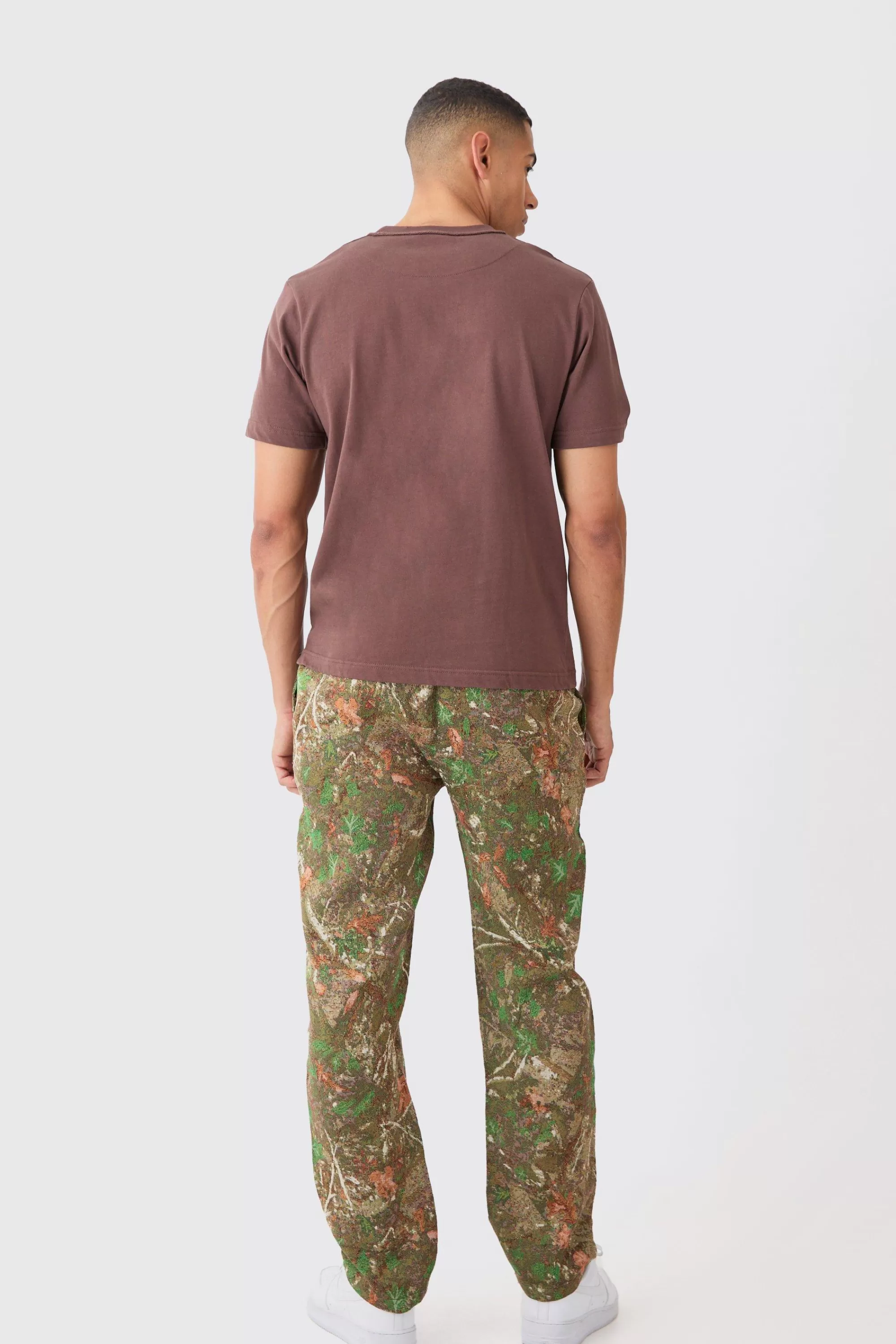 boohooMAN Elasticated Waist Straight Leg Camo Tapestry Trouser | UK