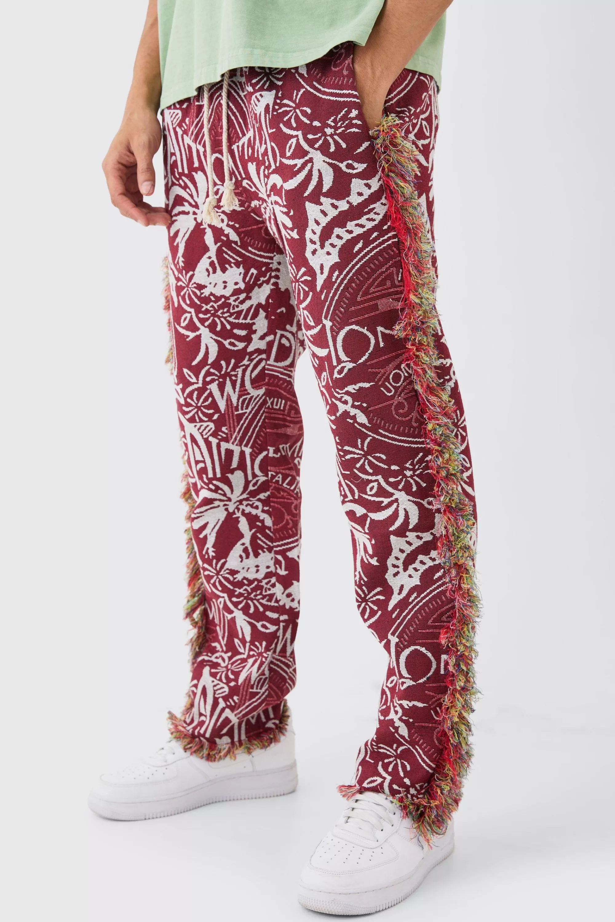boohooMAN Elasticated Waist Straight Leg Frayed Tapestry Trouser | UK