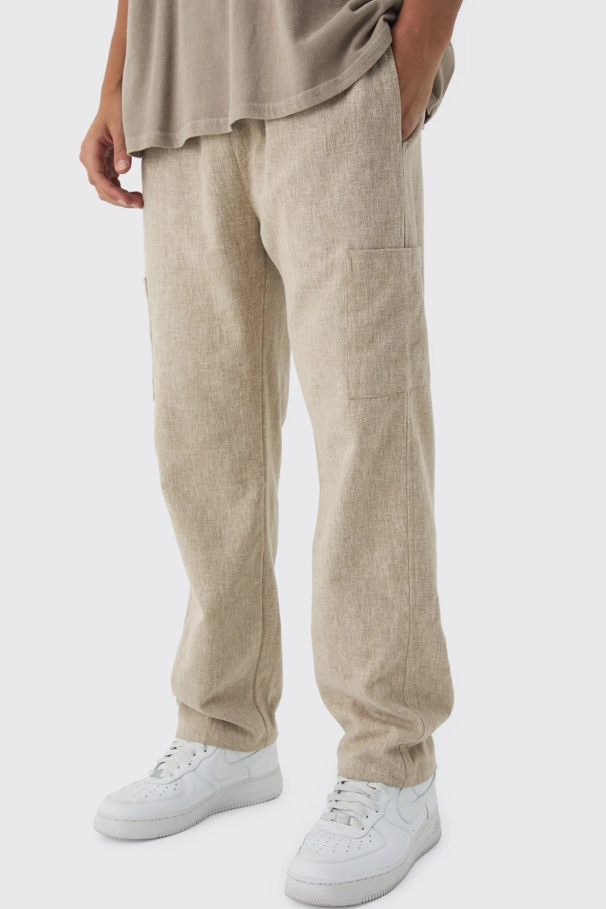 boohooMAN Elasticated Waist Straight Leg Heavy Slub Cargo Trousers | UK