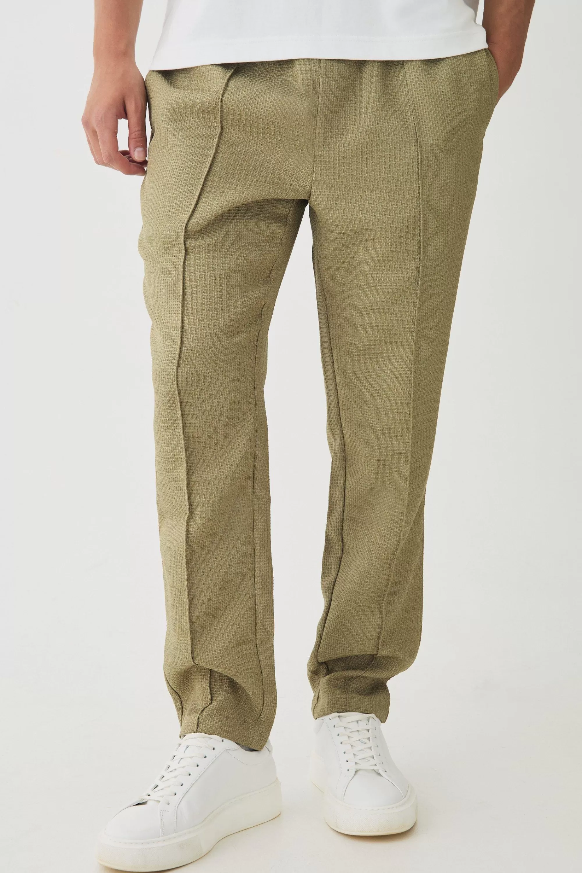 boohooMAN Elasticated Waist Tapered Pintuck Boucle Trousers | UK