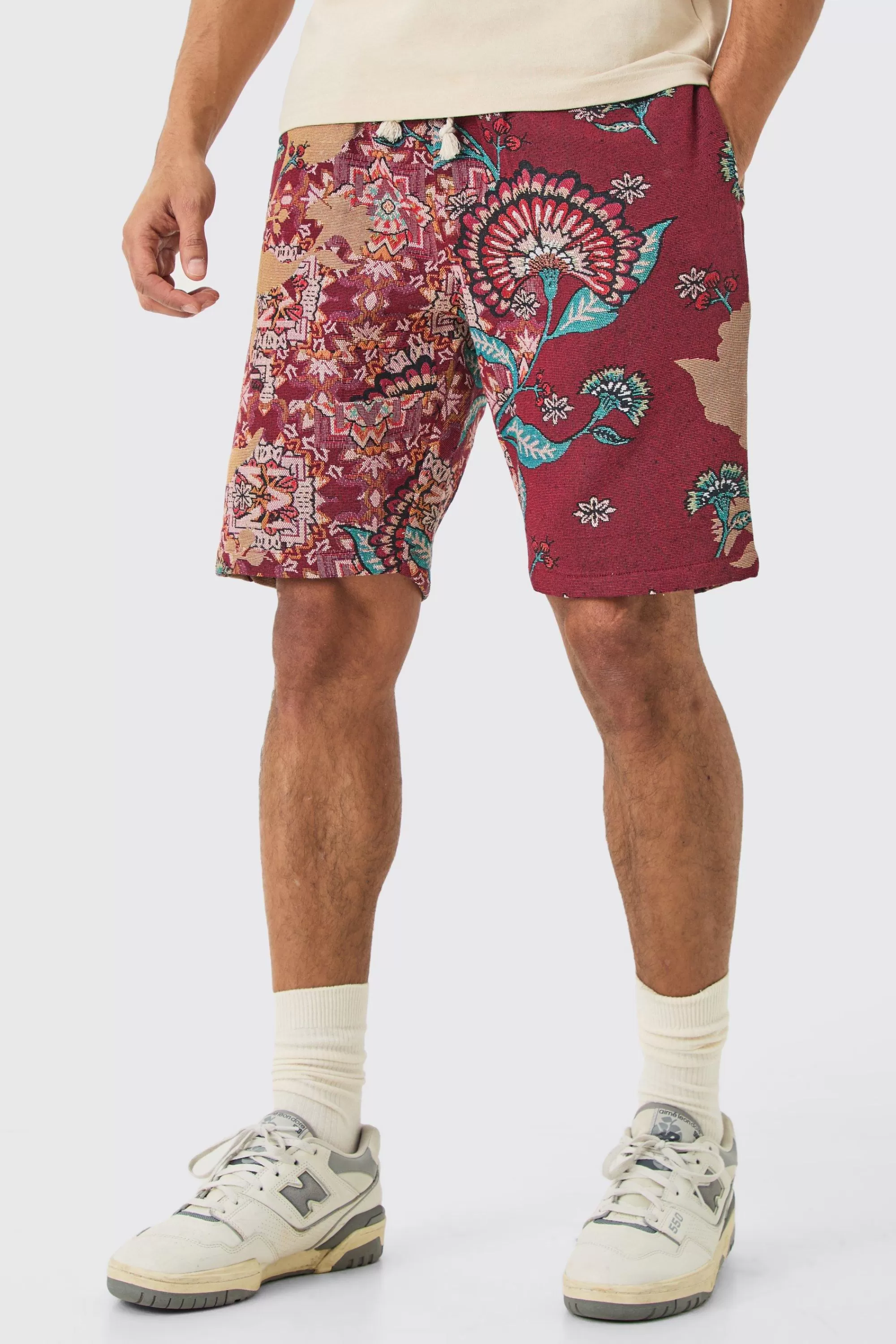 boohooMAN Elasticated Waist Tapestry Short Length Relaxed Short | UK