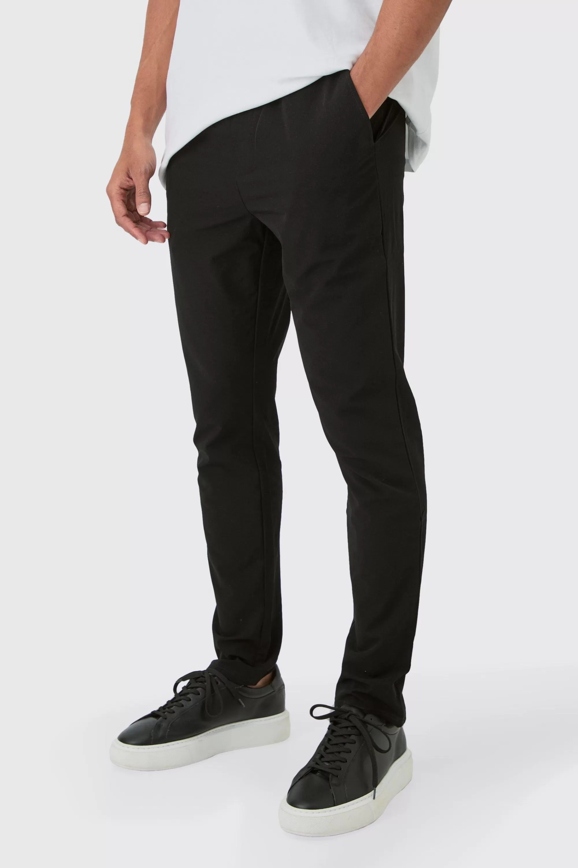 boohooMAN Elasticated Waist Technical Stretch Slim Trouser | UK