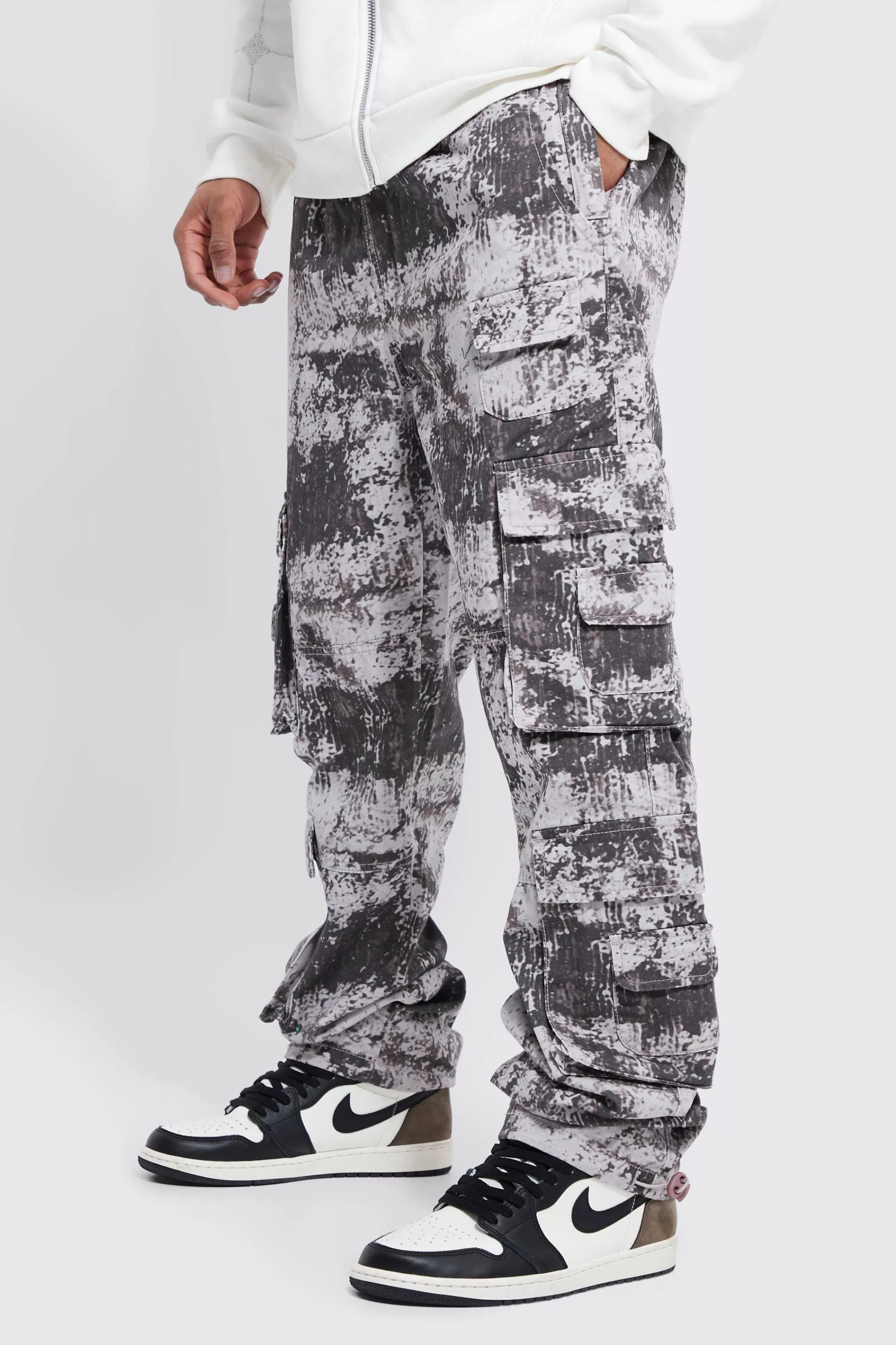 boohooMAN Elasticated Waist Tie Dye Pocket Stacked Cargo Trousers | UK