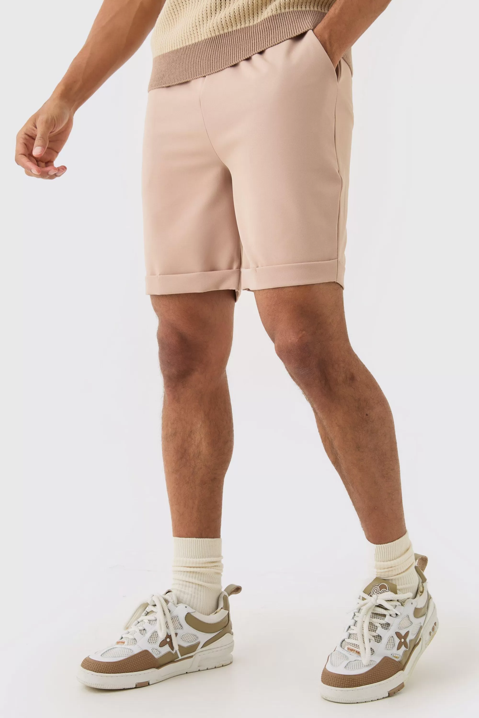 boohooMAN Elasticated Waist Turn Up Stretch Slim Fit Shorts | UK