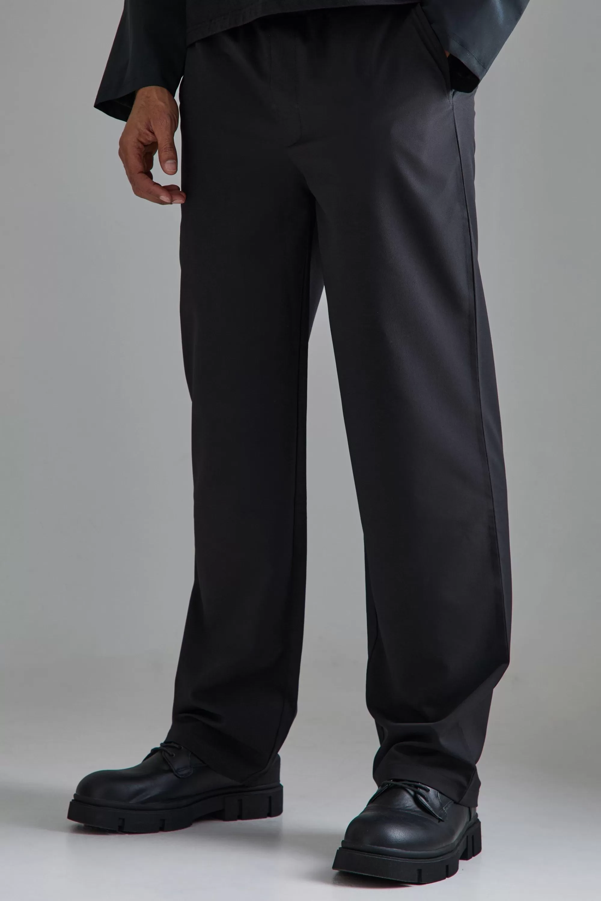 boohooMAN Elasticated Waist Wide Leg Smart Trousers | UK