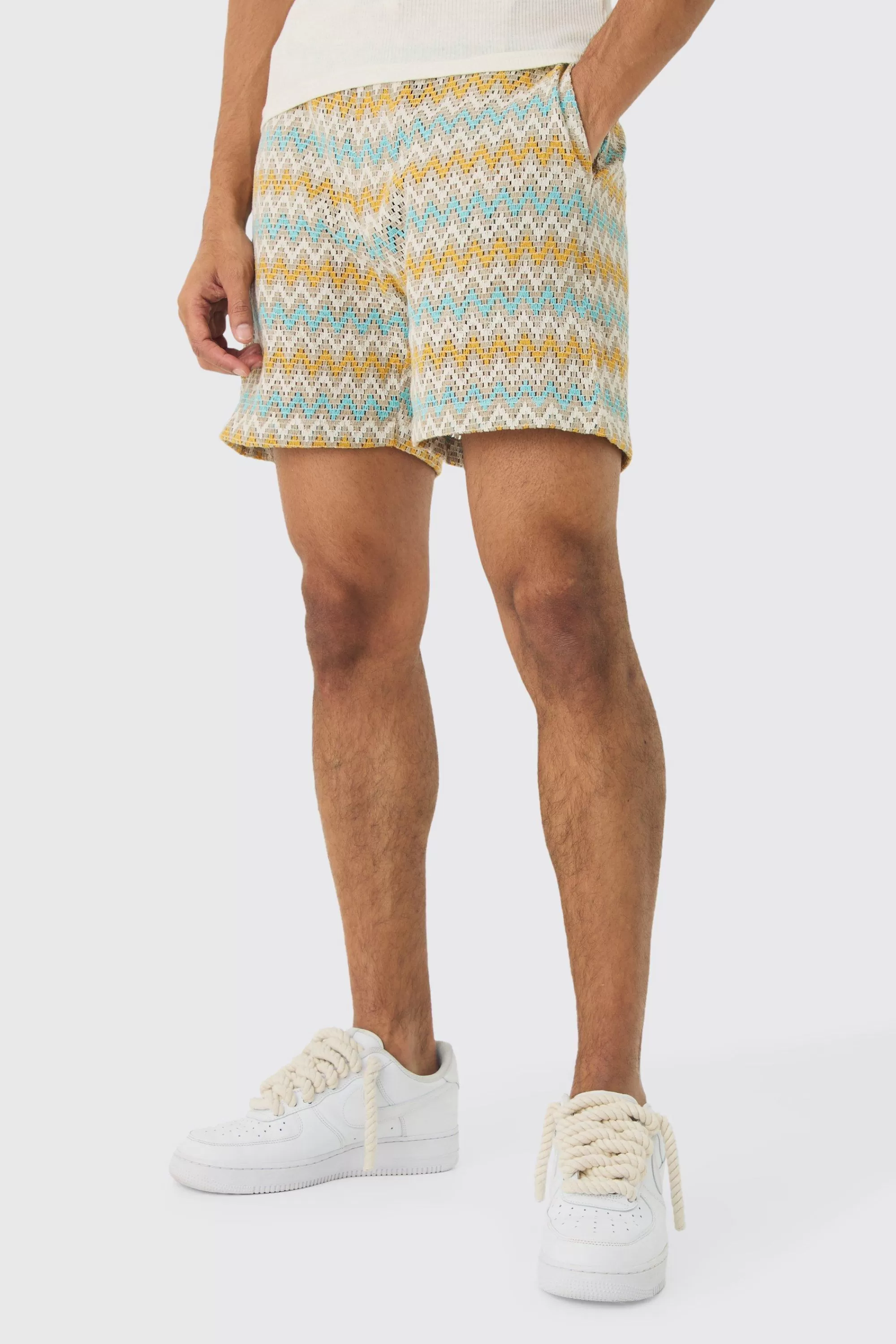 boohooMAN Elasticated Waist Zig Zag Crochet Shorts | UK
