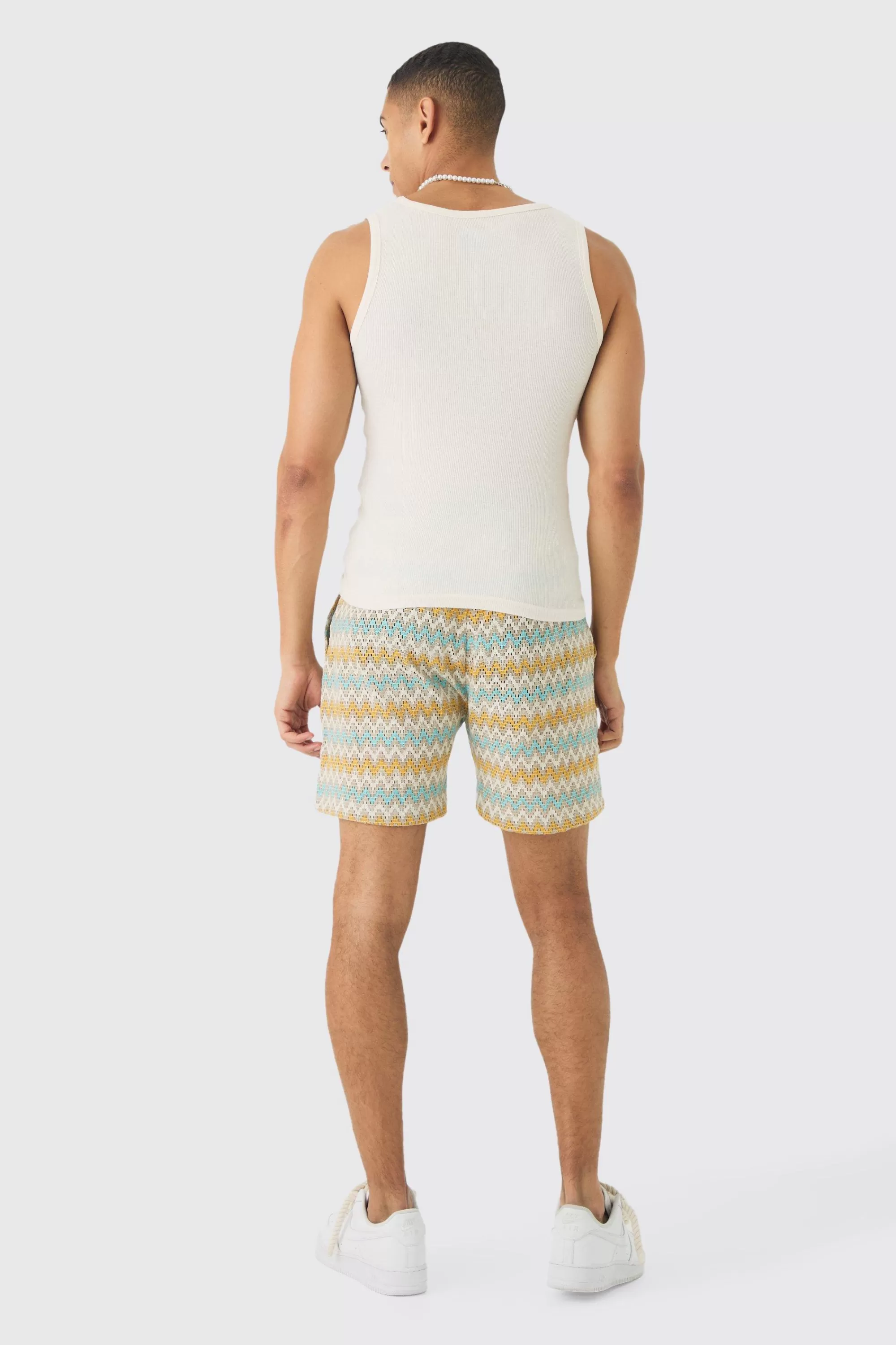 boohooMAN Elasticated Waist Zig Zag Crochet Shorts | UK