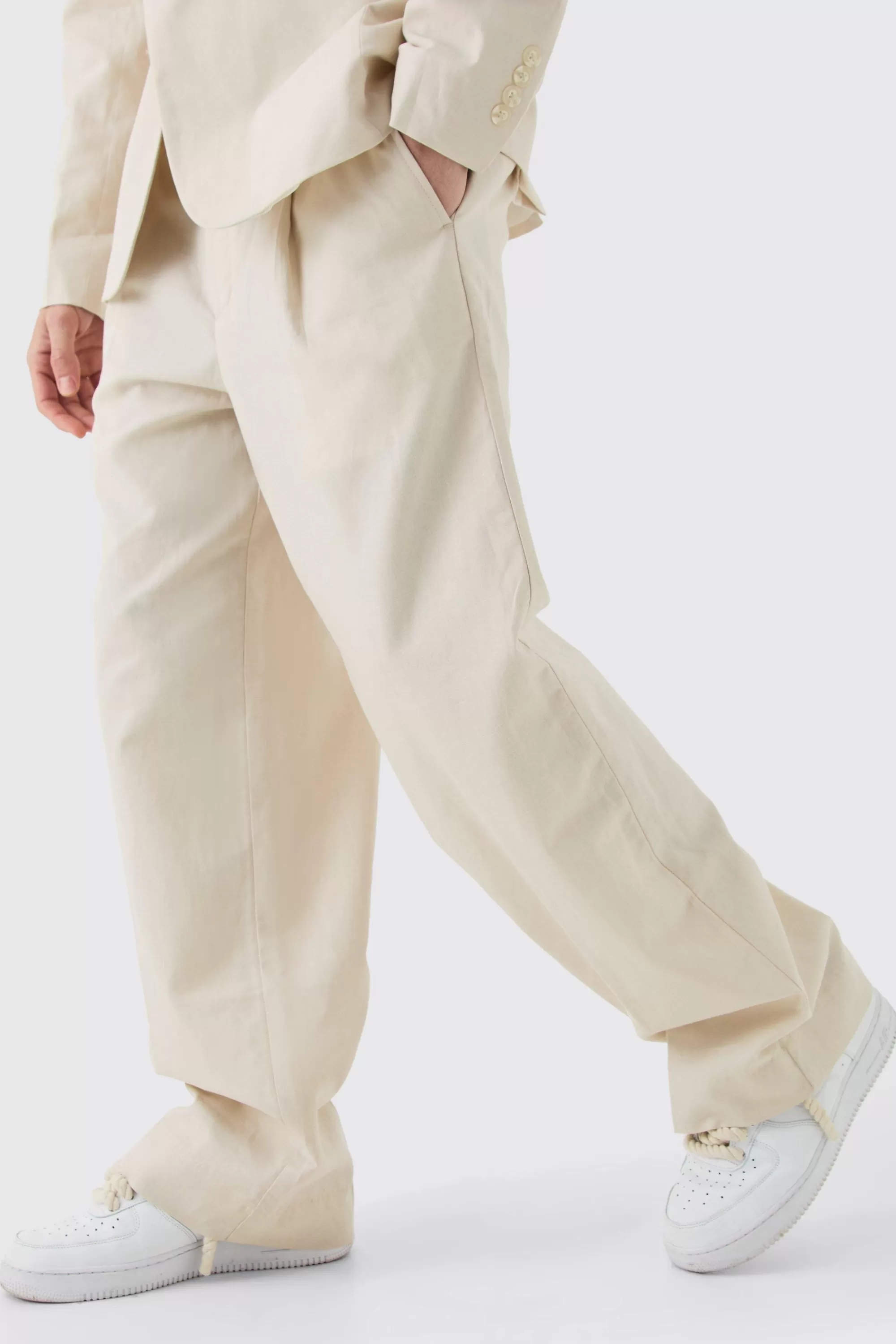boohooMAN Elasticated Waistband Linen Blend Wide Leg Trousers | UK