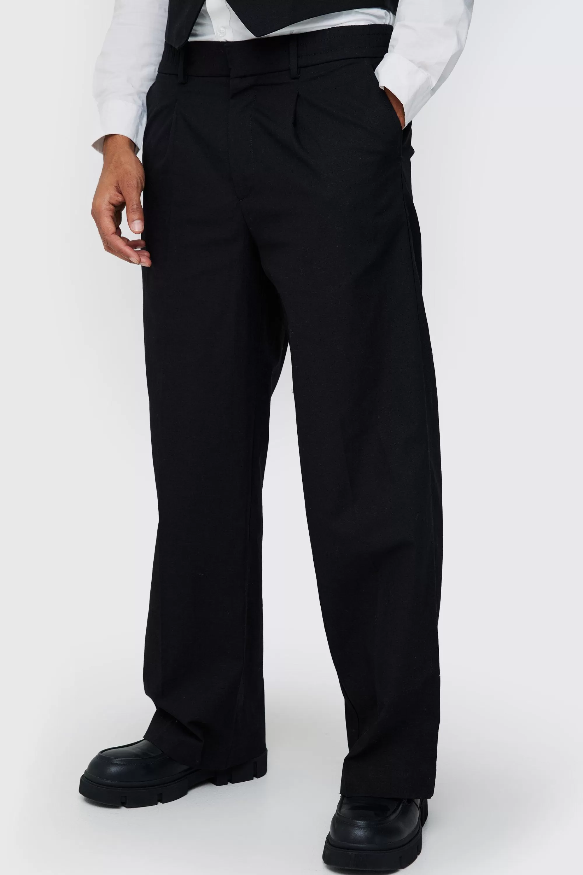 boohooMAN Elasticated Waistband Linen Blend Wide Leg Trousers | UK