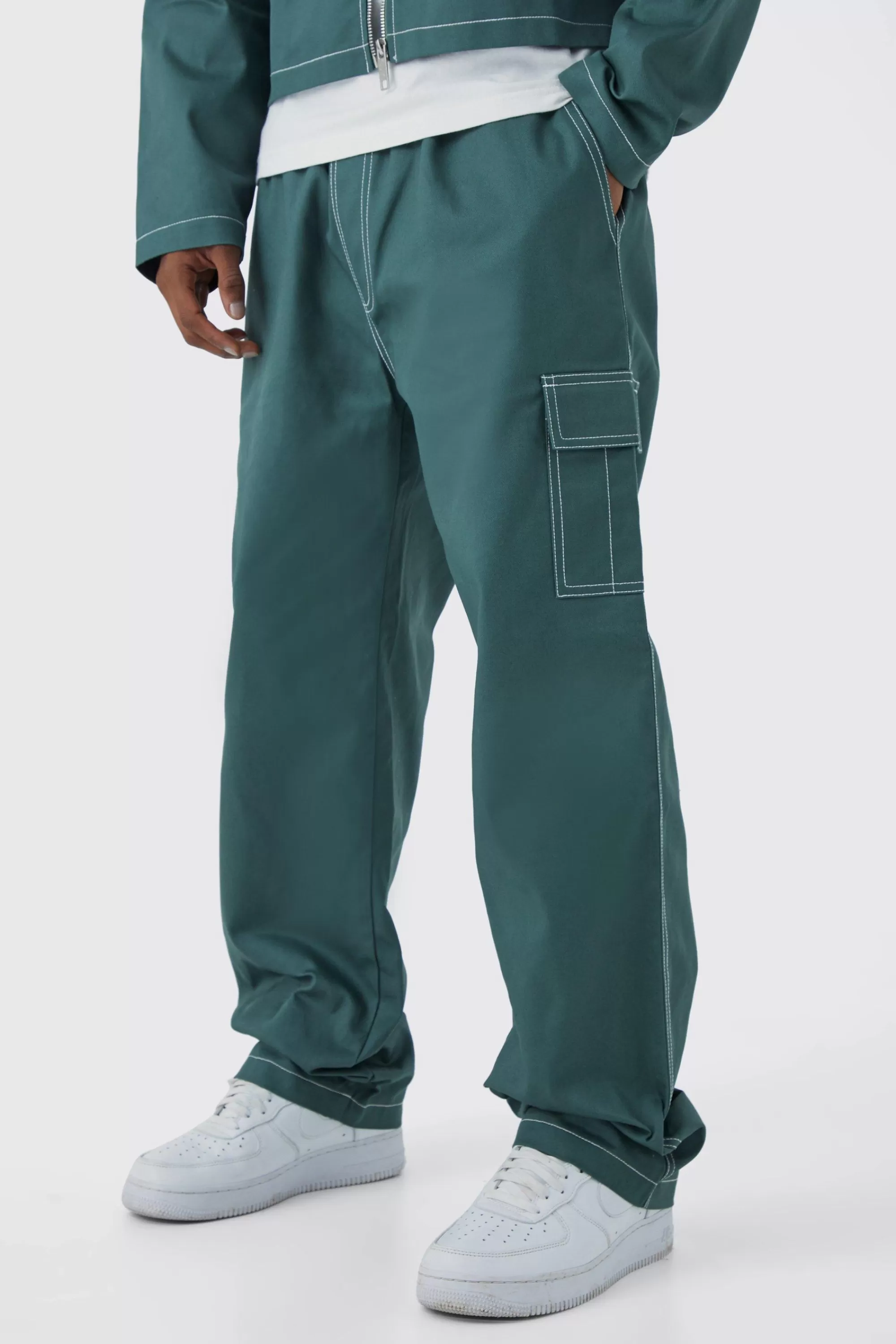 boohooMAN Elasticated Waistband Twill Contrast Stitch Relaxed Cargo | UK