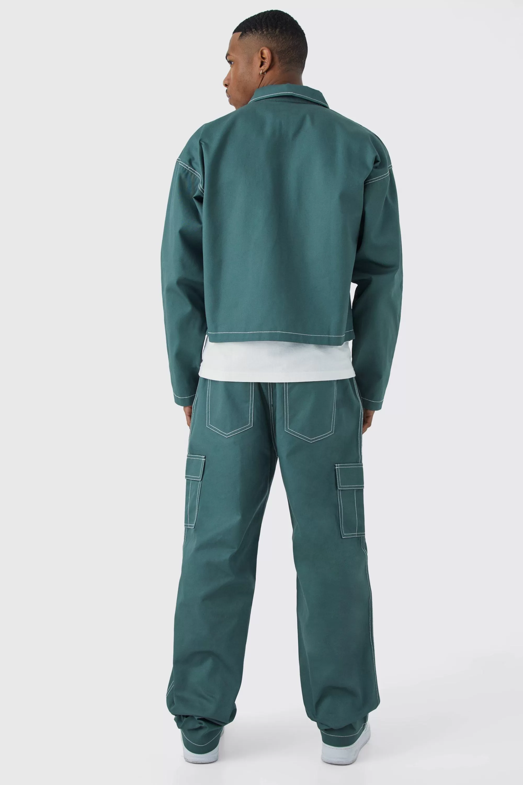 boohooMAN Elasticated Waistband Twill Contrast Stitch Relaxed Cargo | UK