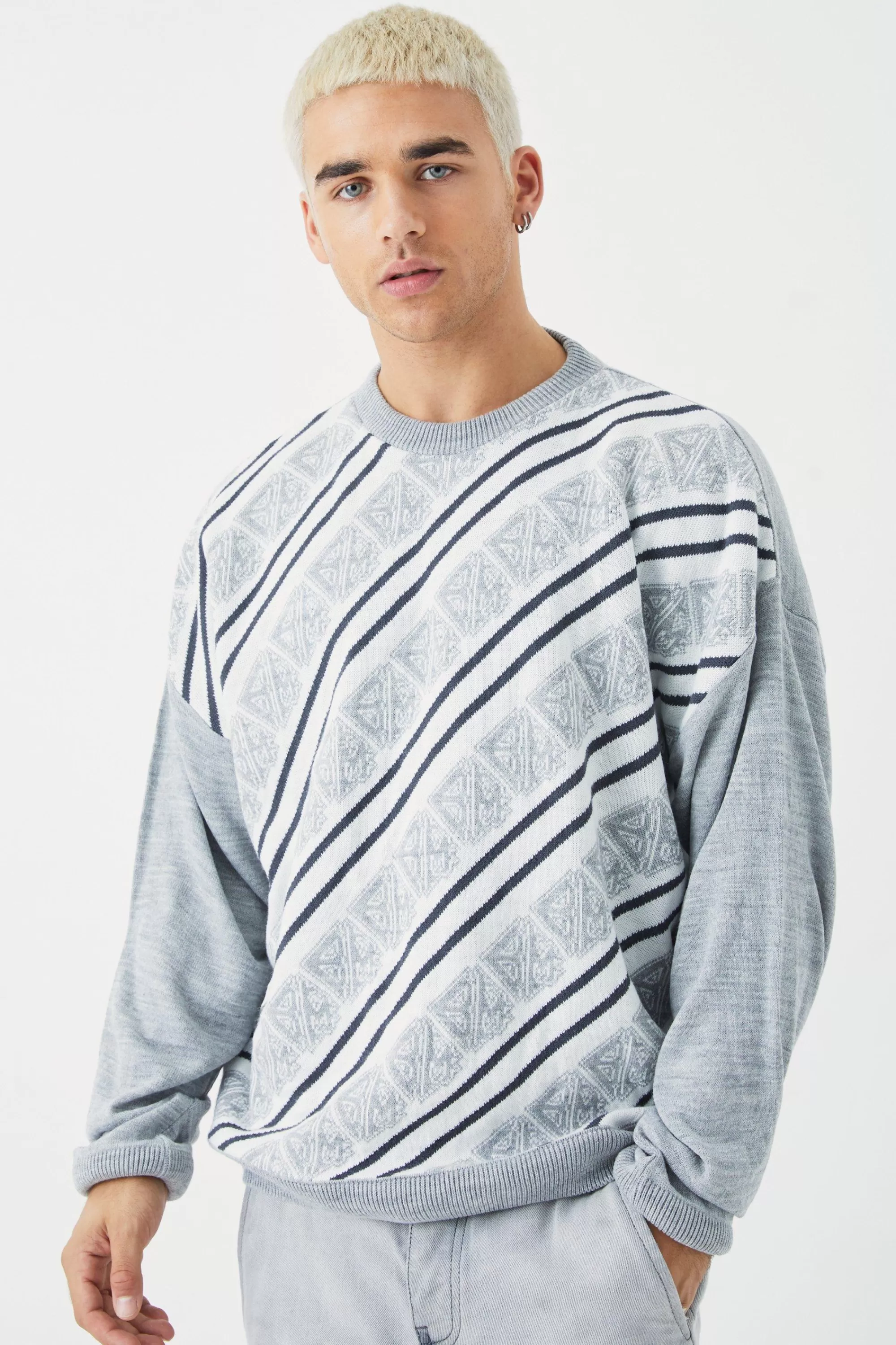boohooMAN Extended Neck Monogram Knitted Jumper | UK
