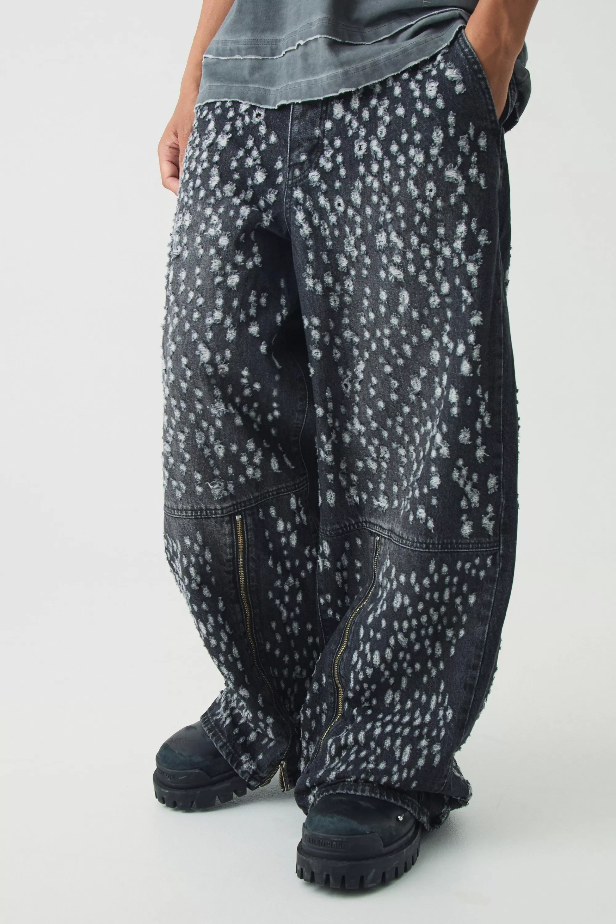 boohooMAN Extreme Baggy Rigid All Over Distressed Jeans | UK