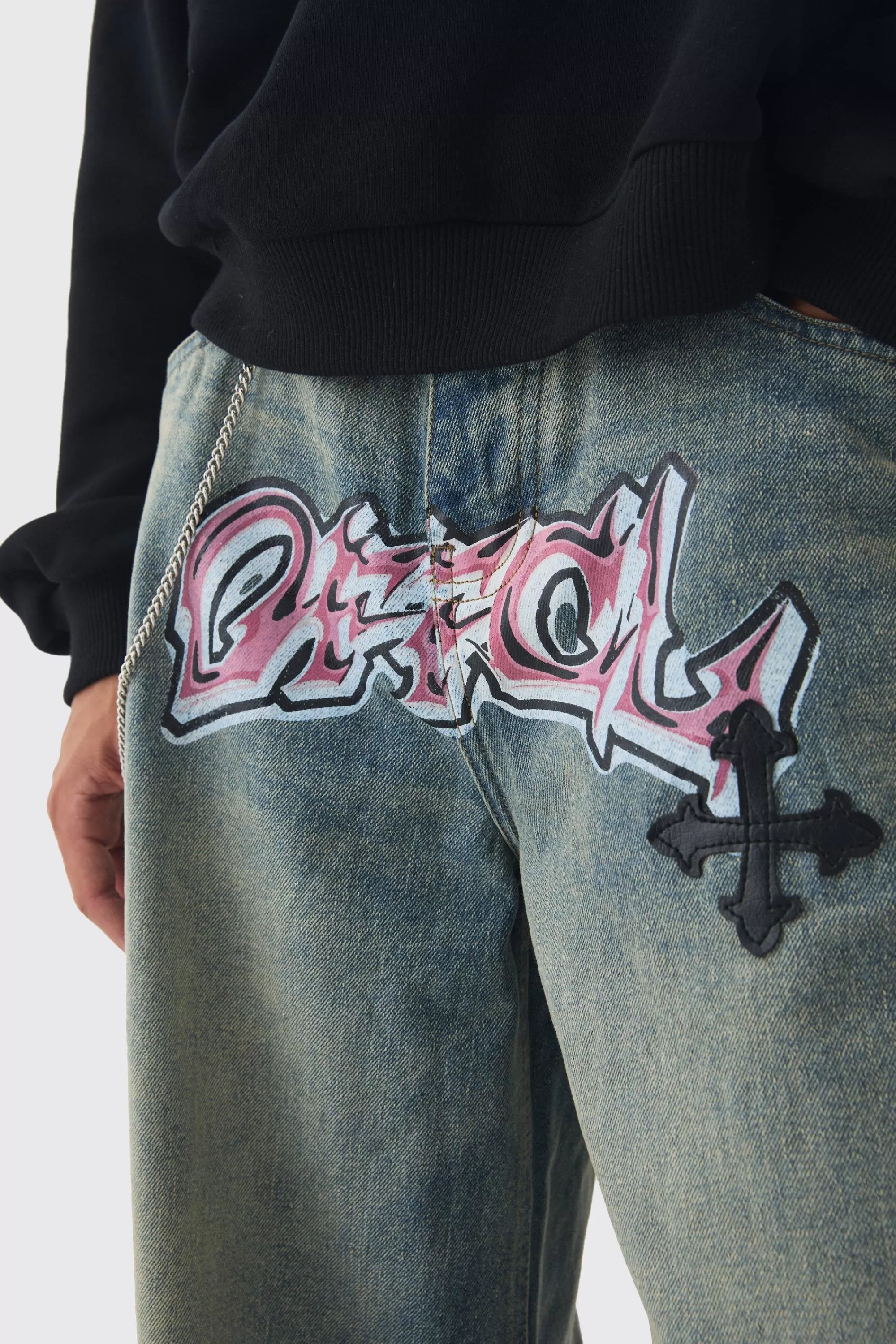 boohooMAN Extreme Baggy Rigid Pu Cross Applique Washed Jeans | UK