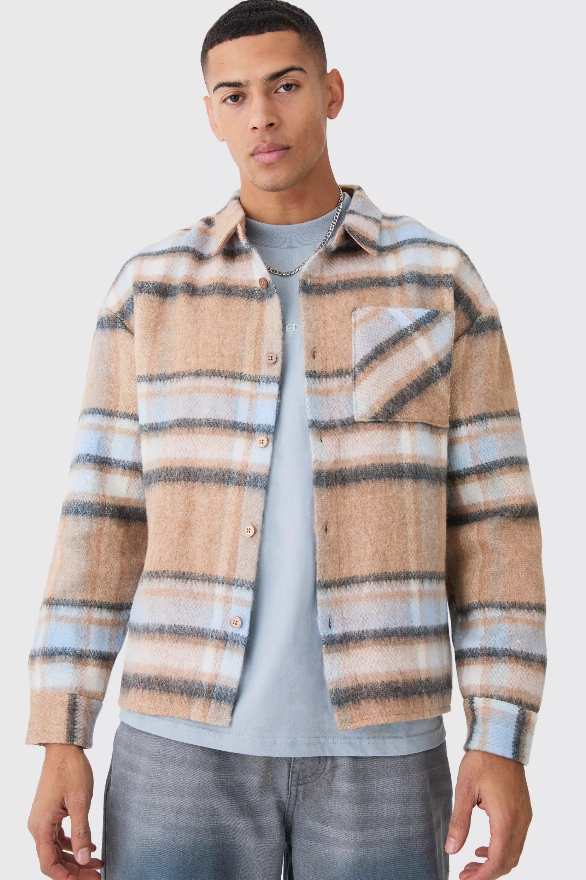 boohooMAN Extreme Heavy Brushed Check Boxy Overshirt | UK