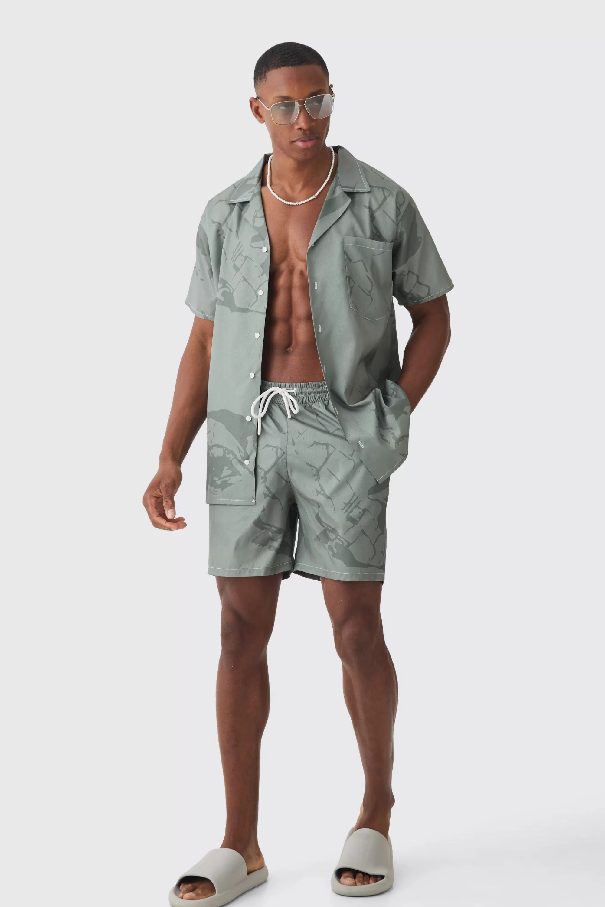 boohooMAN Face Graphic Shirt & Swim Short Set | UK