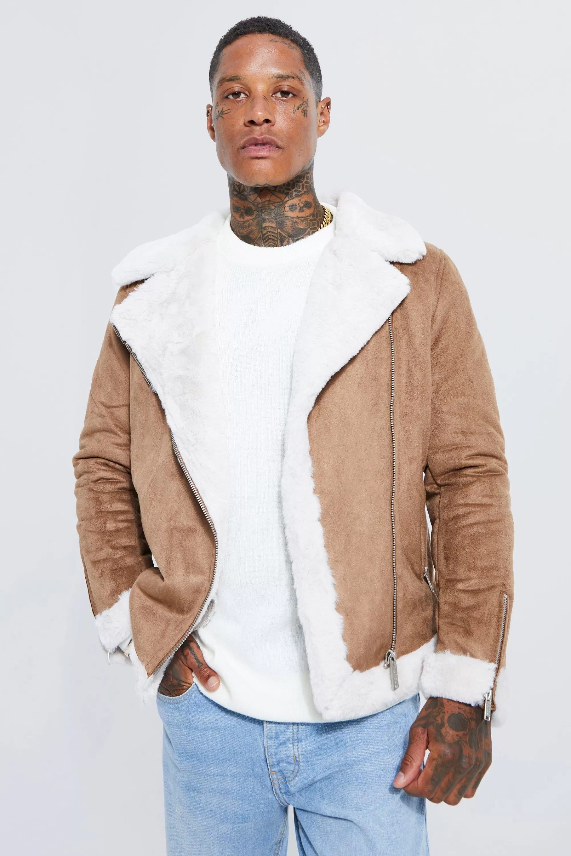 boohooMAN Faux Fur Lined Suede Aviator Jacket | UK