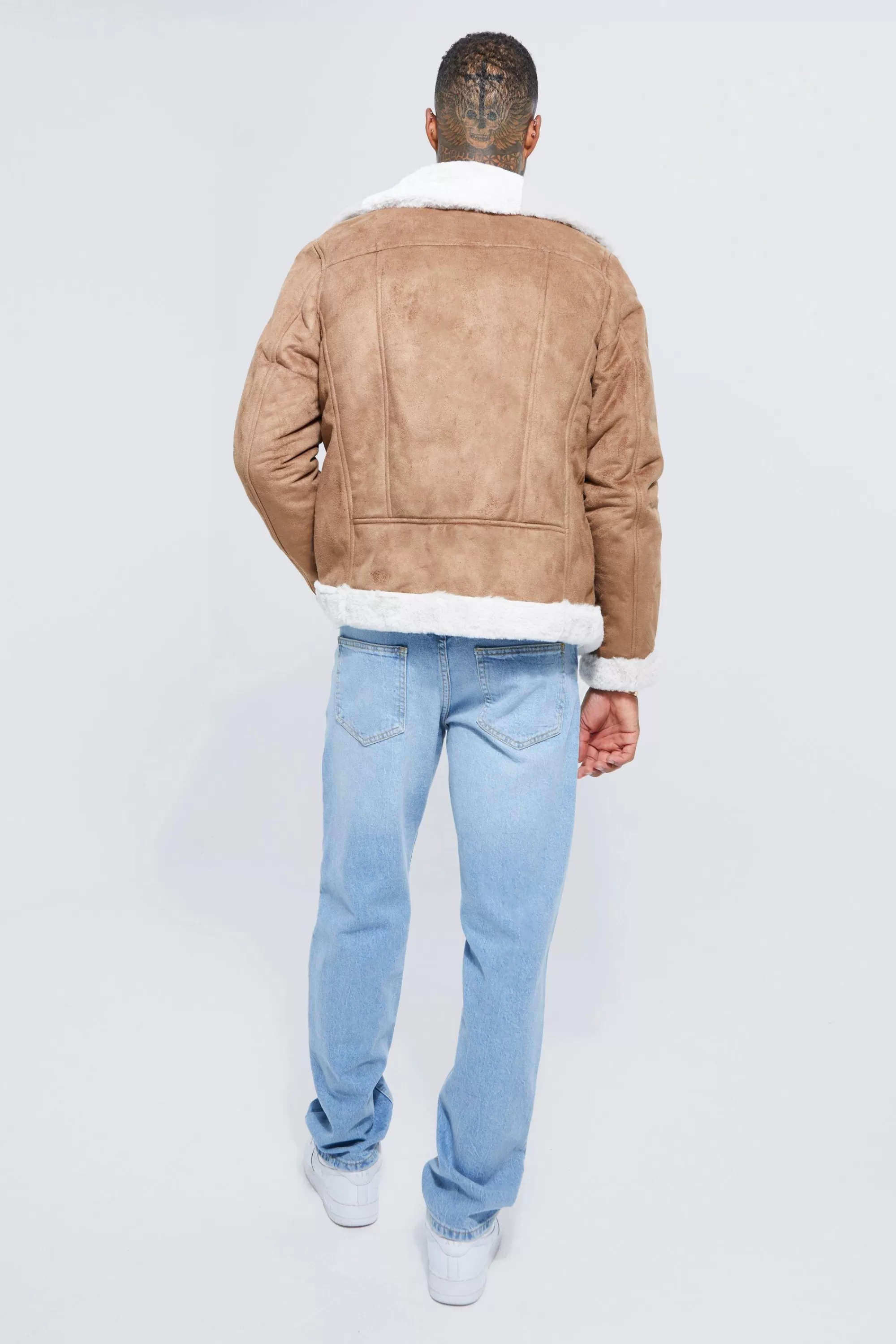 boohooMAN Faux Fur Lined Suede Aviator Jacket | UK
