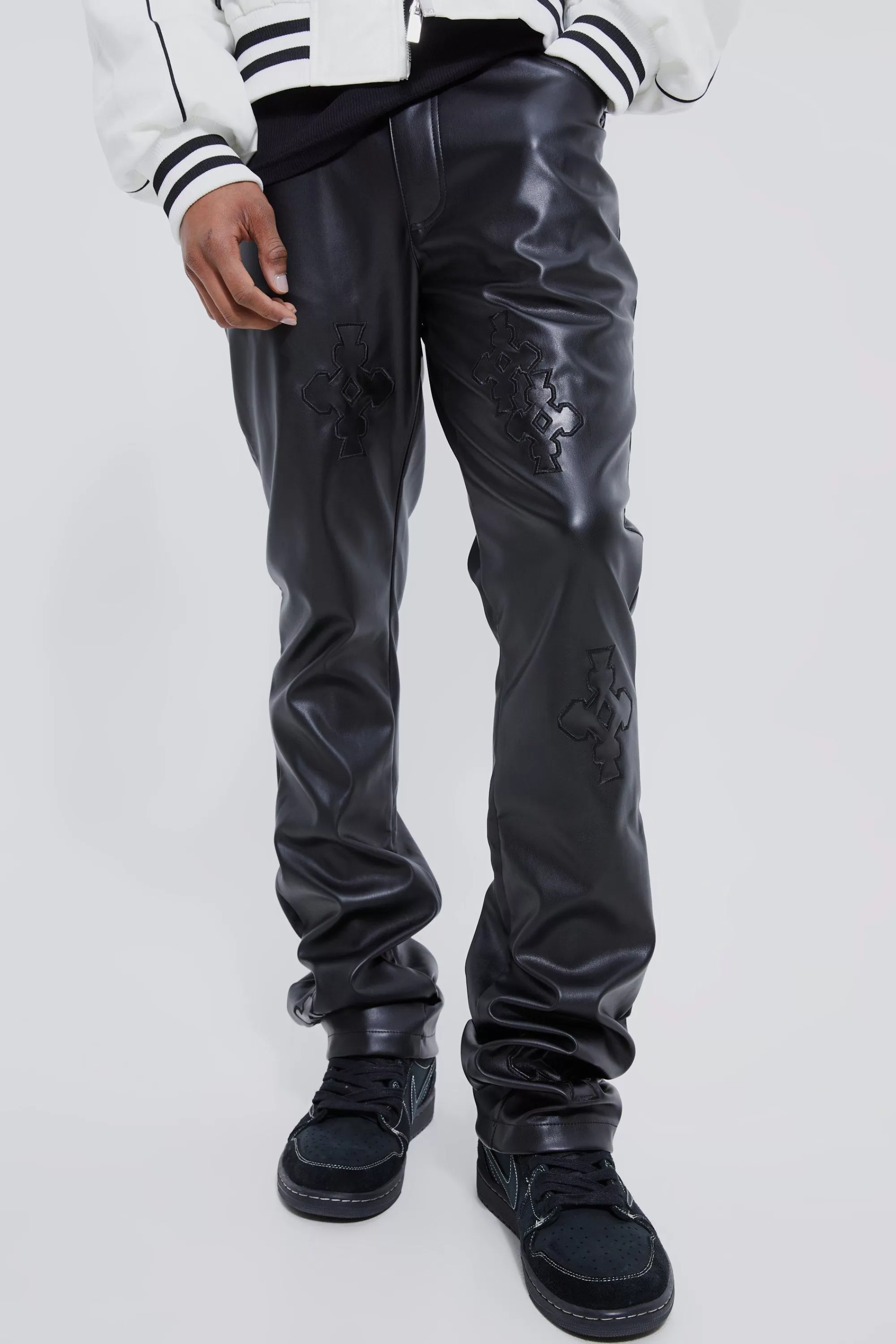 boohooMAN Fixed Skinny Stacked Applique Pu Trouser | UK