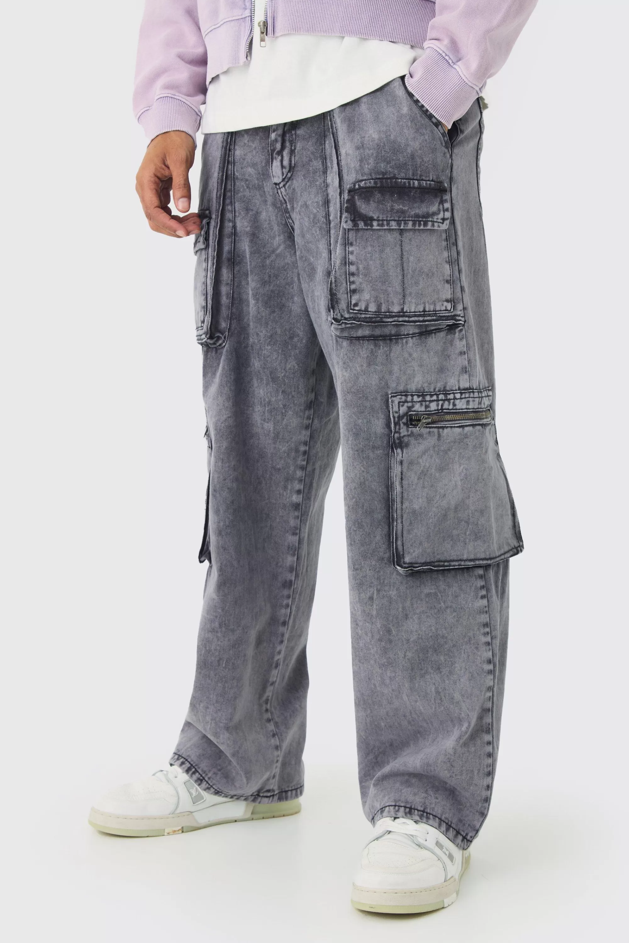 boohooMAN Fixed Waist Acid Washed Baggy Cargo Trouser | UK