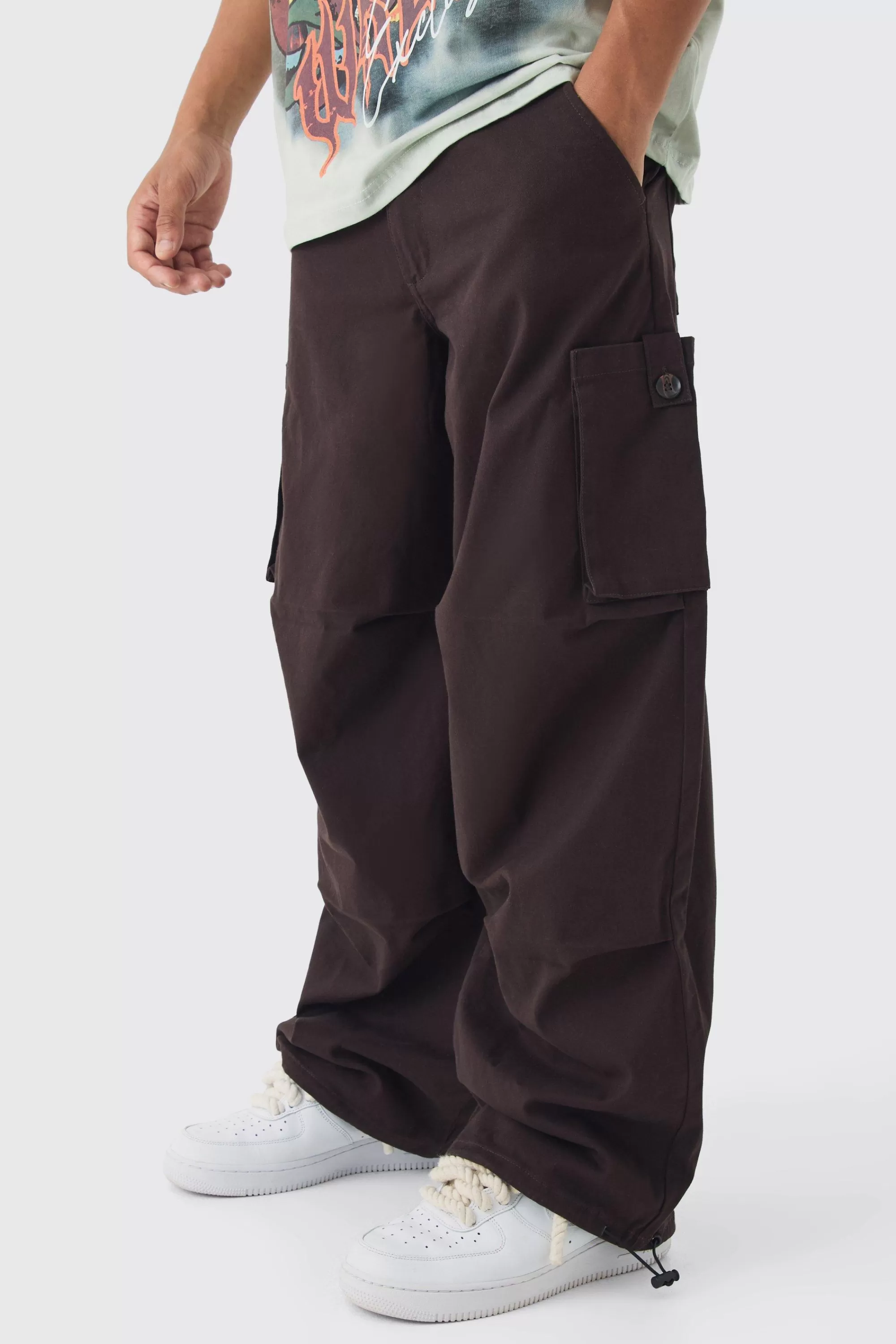 boohooMAN Fixed Waist Baggy Twill Cargo Trousers | UK