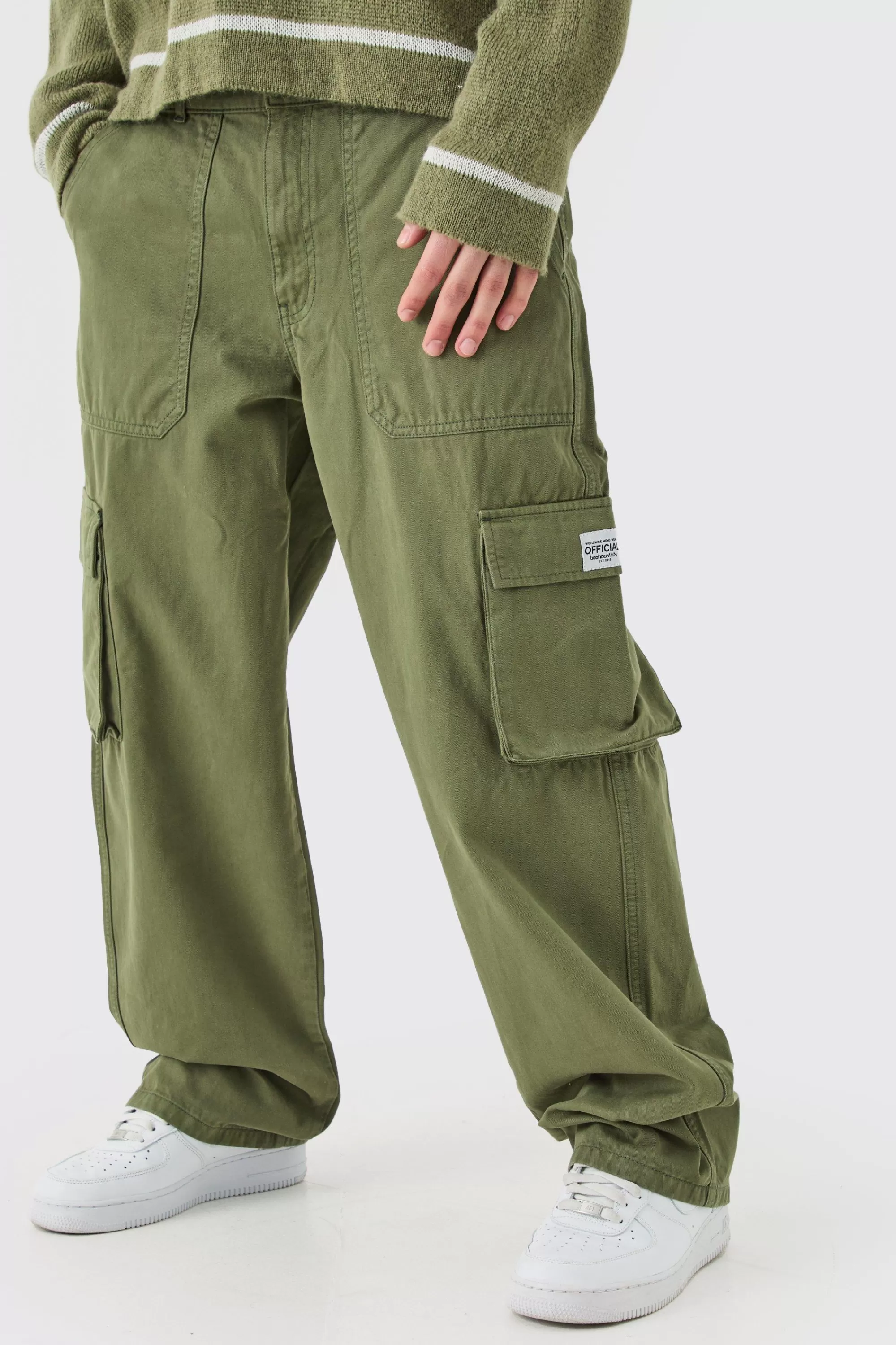 boohooMAN Fixed Waist Cargo Zip Trouser With Woven Tab | UK