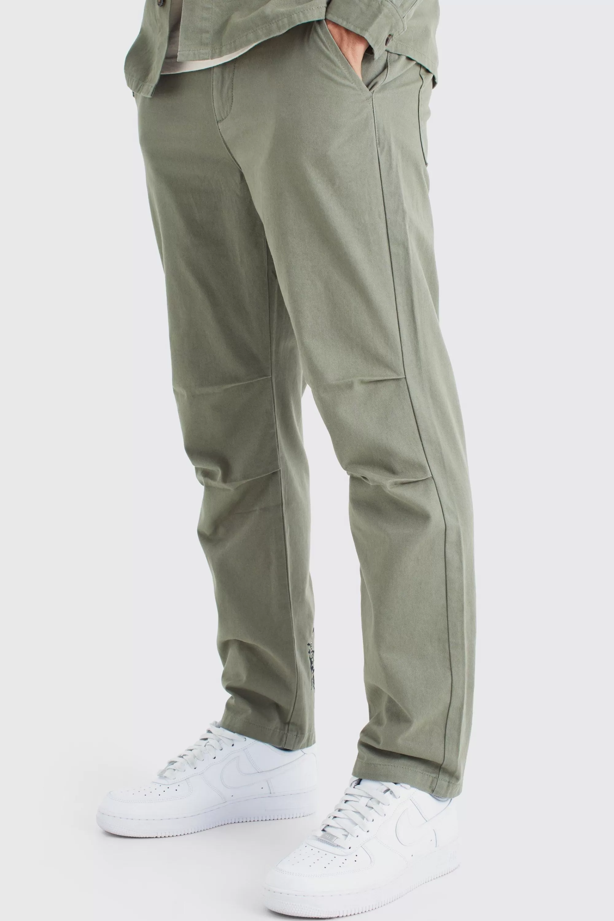 boohooMAN Fixed Waist Embroidered Twill Straight Leg Trouser | UK