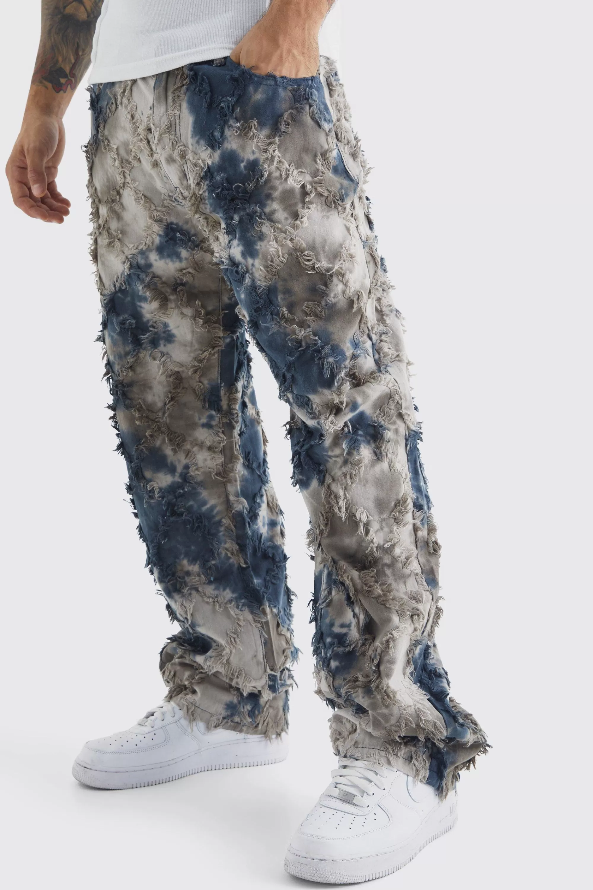 boohooMAN Fixed Waist Oil Camo Tapestry Trouser | UK