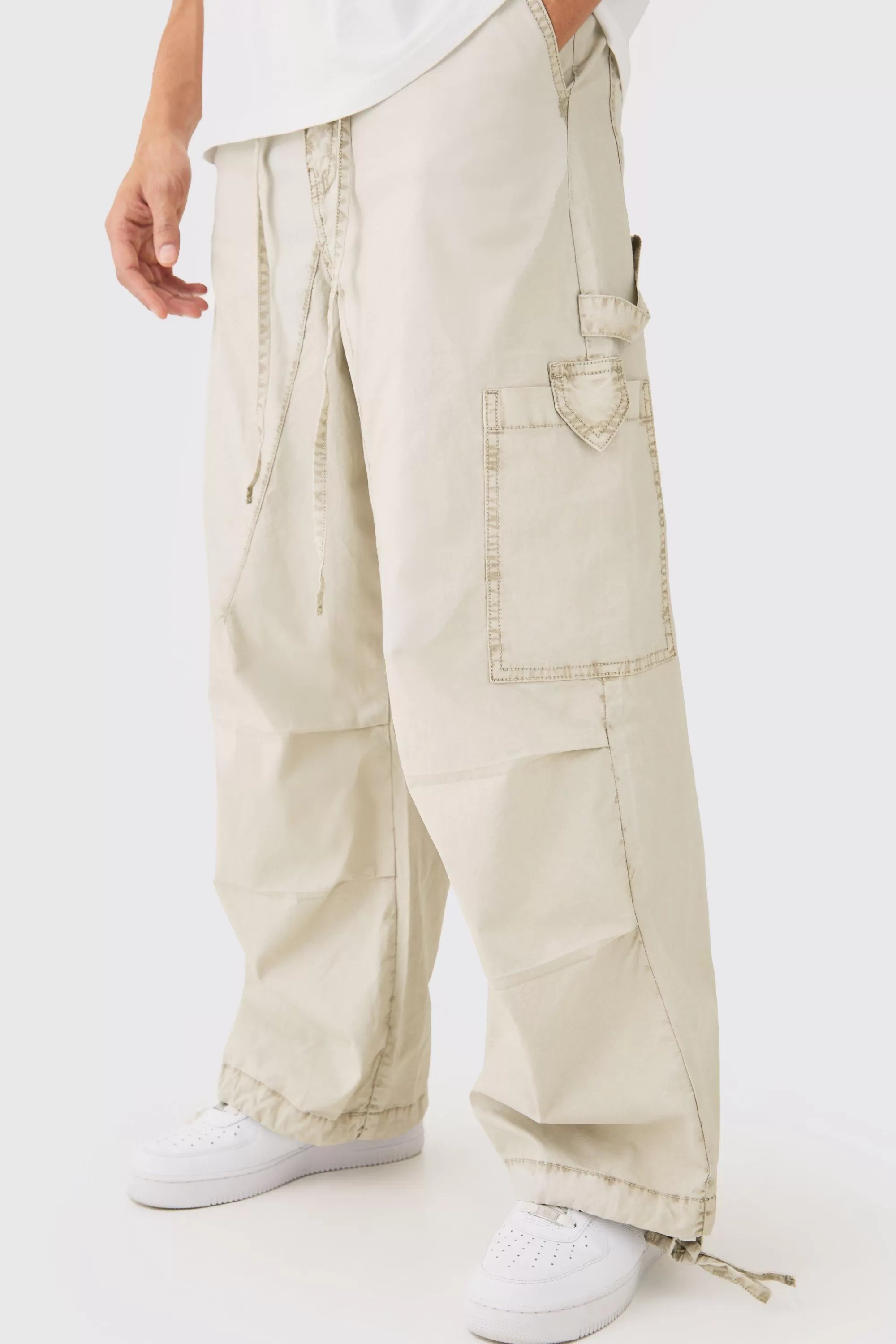 boohooMAN Fixed Waist Overdye Carpenter Parachute Trousers | UK