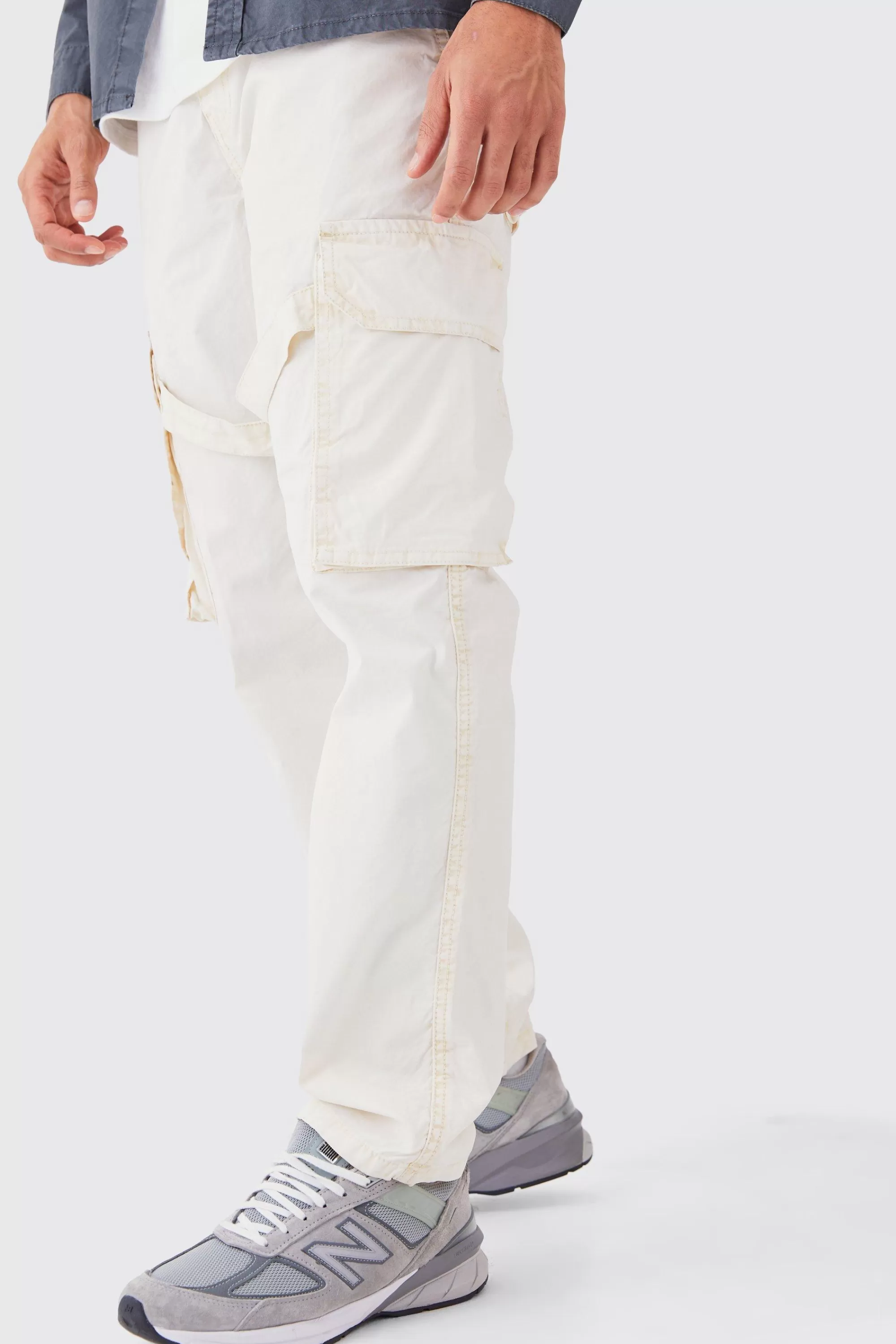 boohooMAN Fixed Waist Overdye Strap Detail Straight Leg Trousers | UK