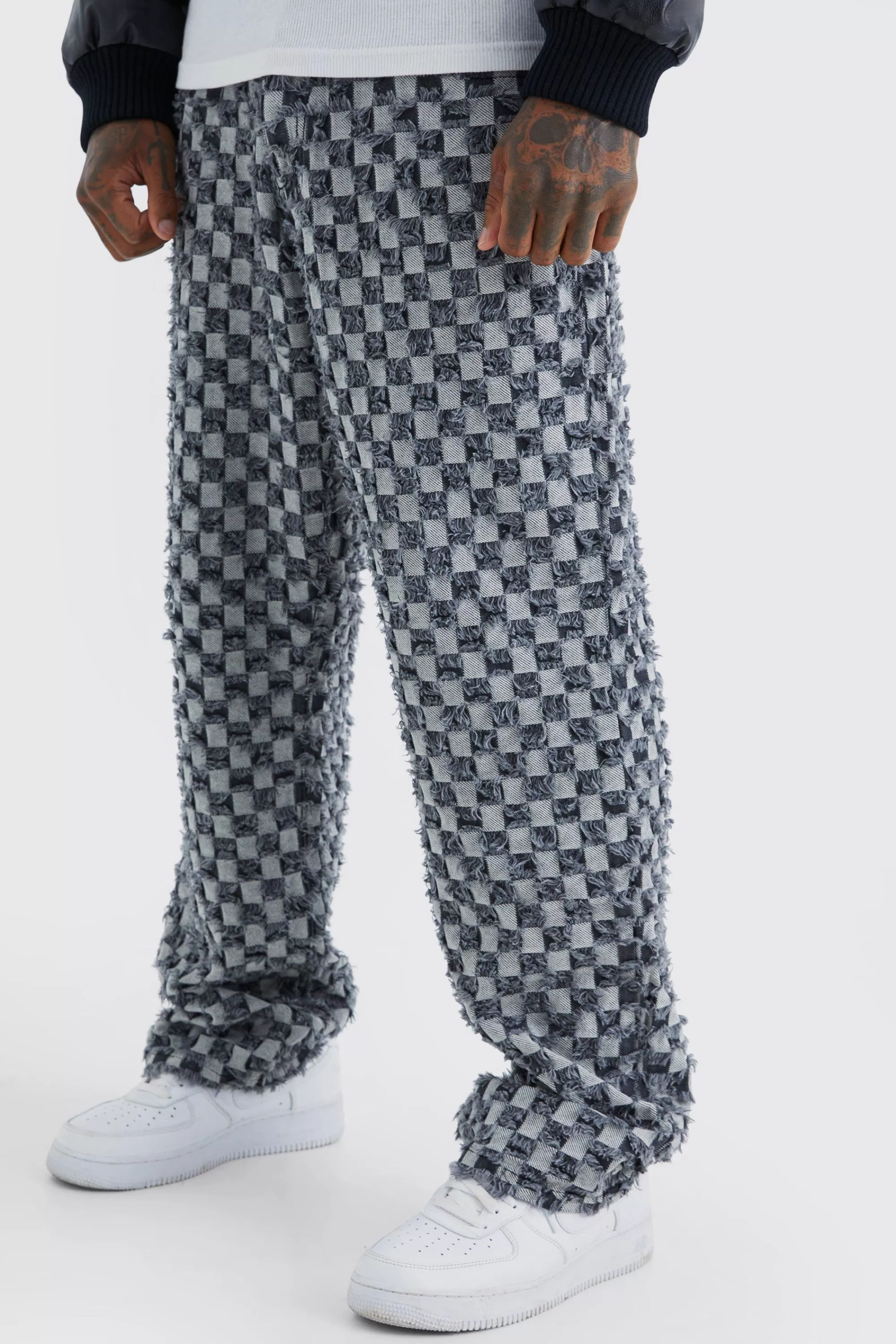 boohooMAN Fixed Waist Relaxed Checked Tapestry Trouser | UK