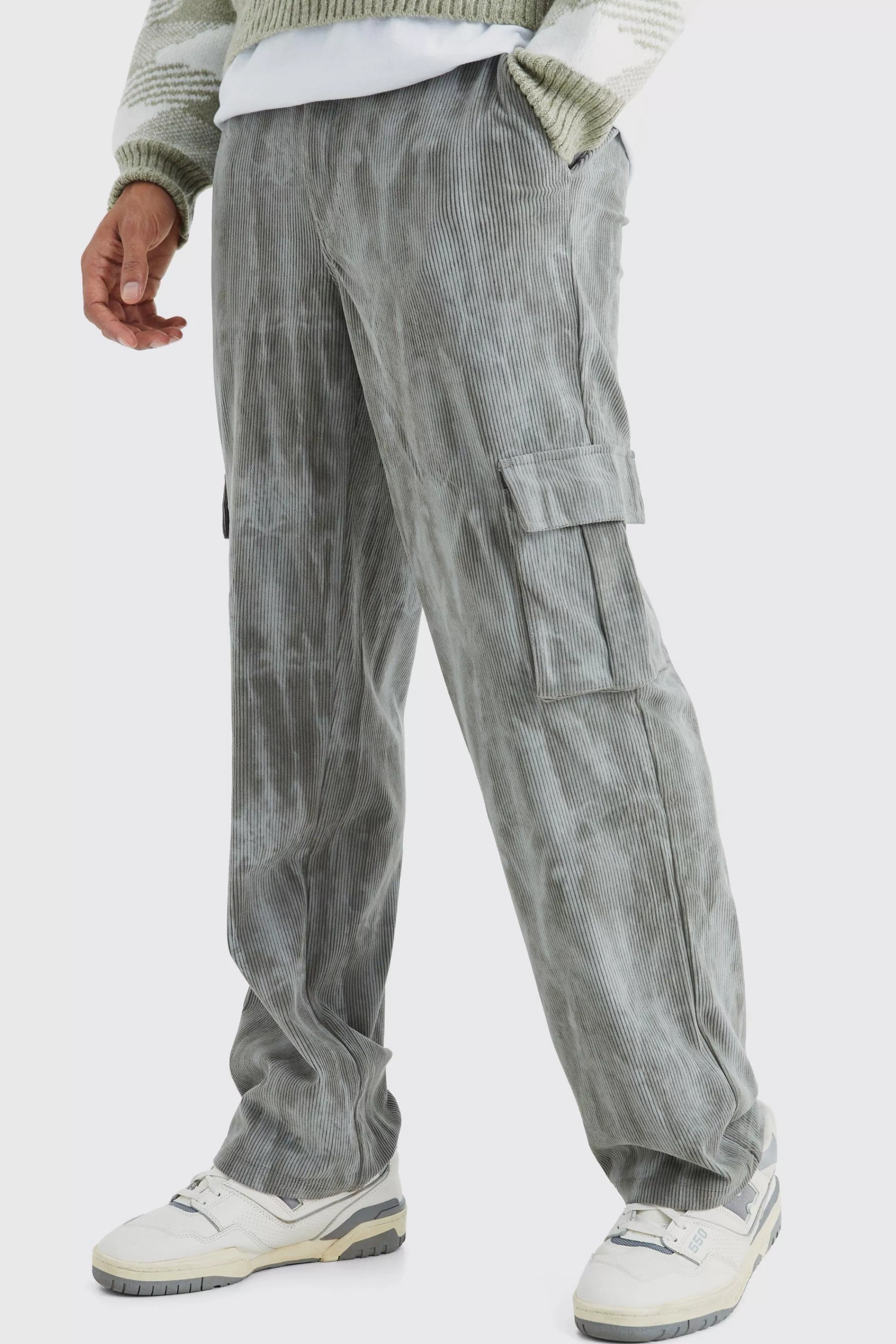 boohooMAN Fixed Waist Relaxed Tie Dye Cargo Corduroy Trouser | UK