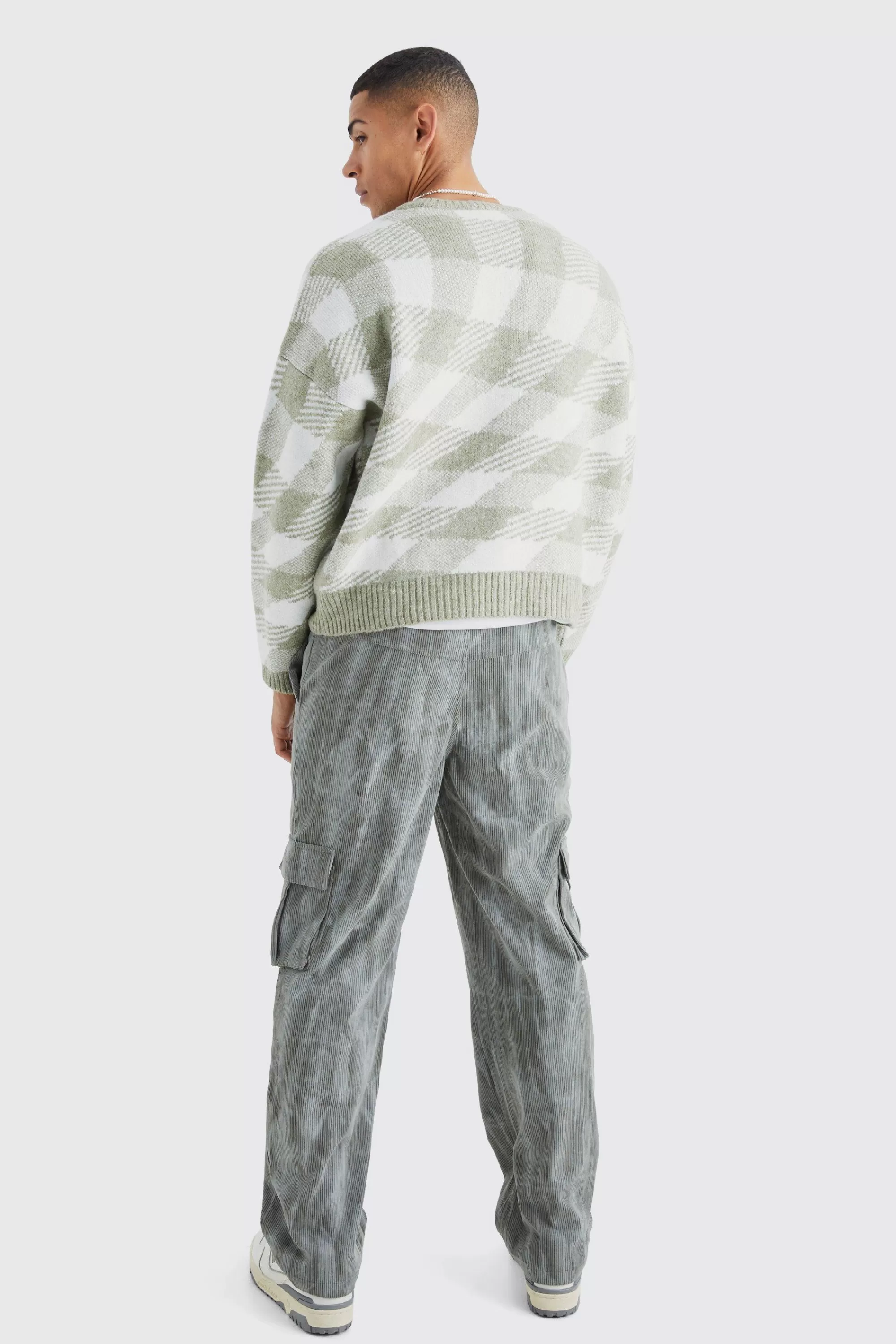 boohooMAN Fixed Waist Relaxed Tie Dye Cargo Corduroy Trouser | UK