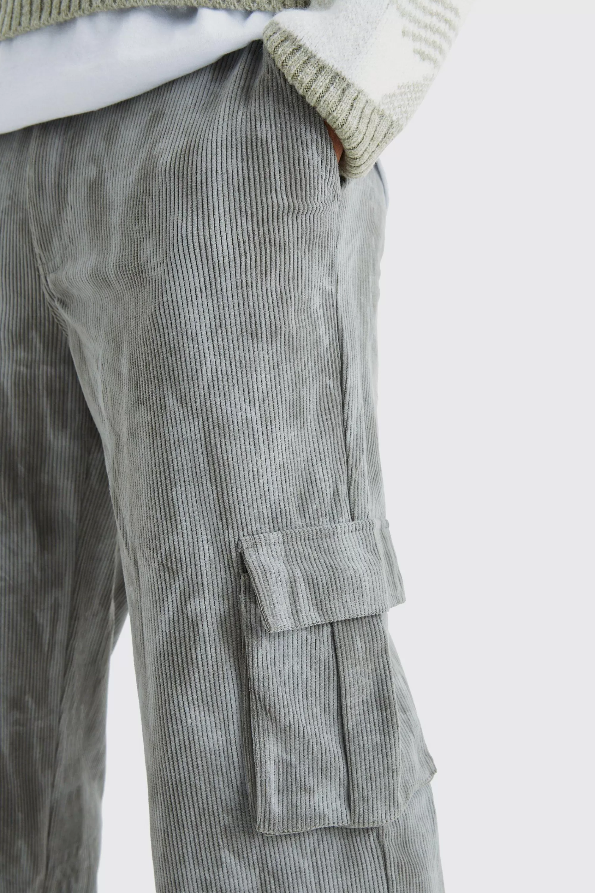boohooMAN Fixed Waist Relaxed Tie Dye Cargo Corduroy Trouser | UK