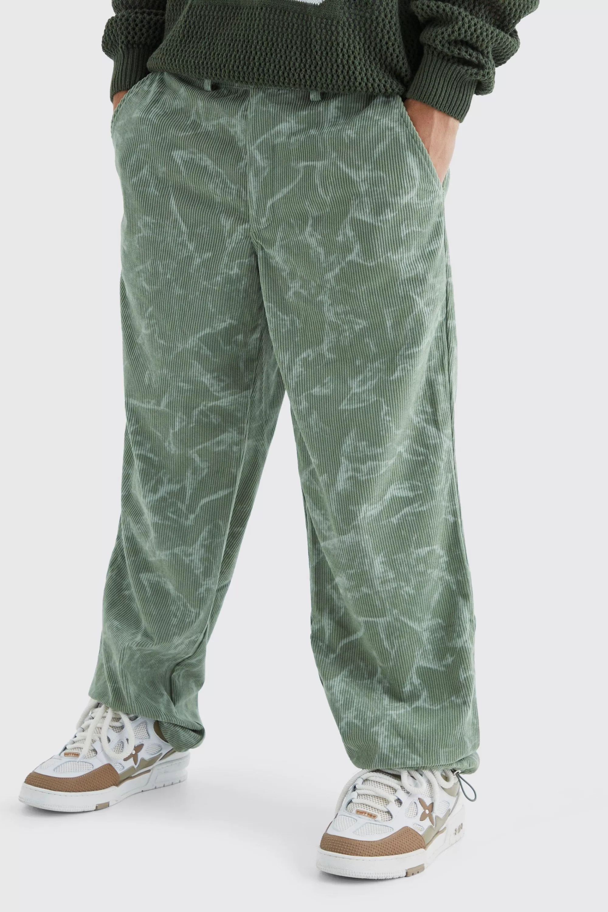 boohooMAN Fixed Waist Relaxed Tie Dye Corduroy Trouser | UK