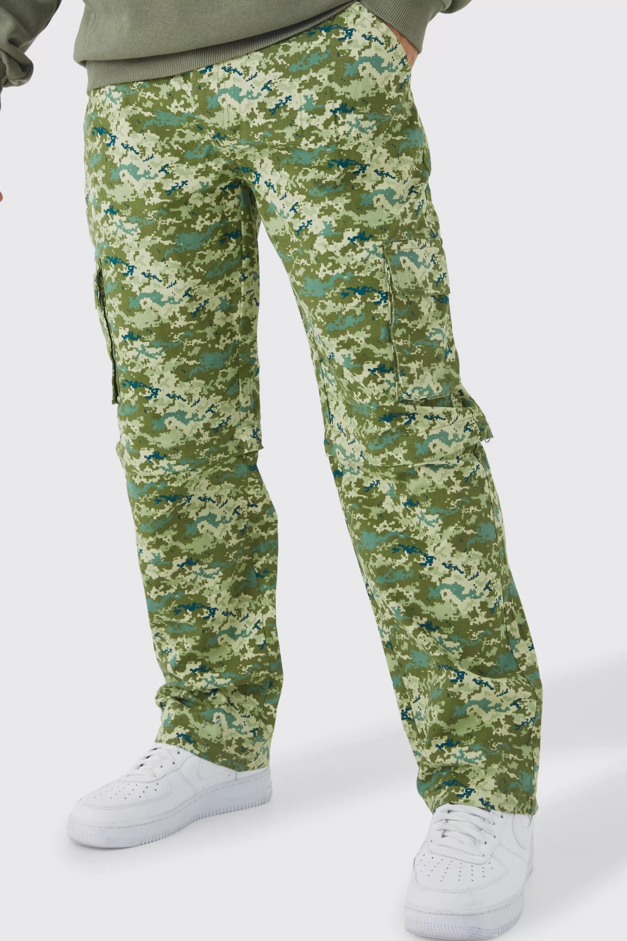 boohooMAN Fixed Waist Relaxed Zip Off Leg Camo Cargo Trouser | UK