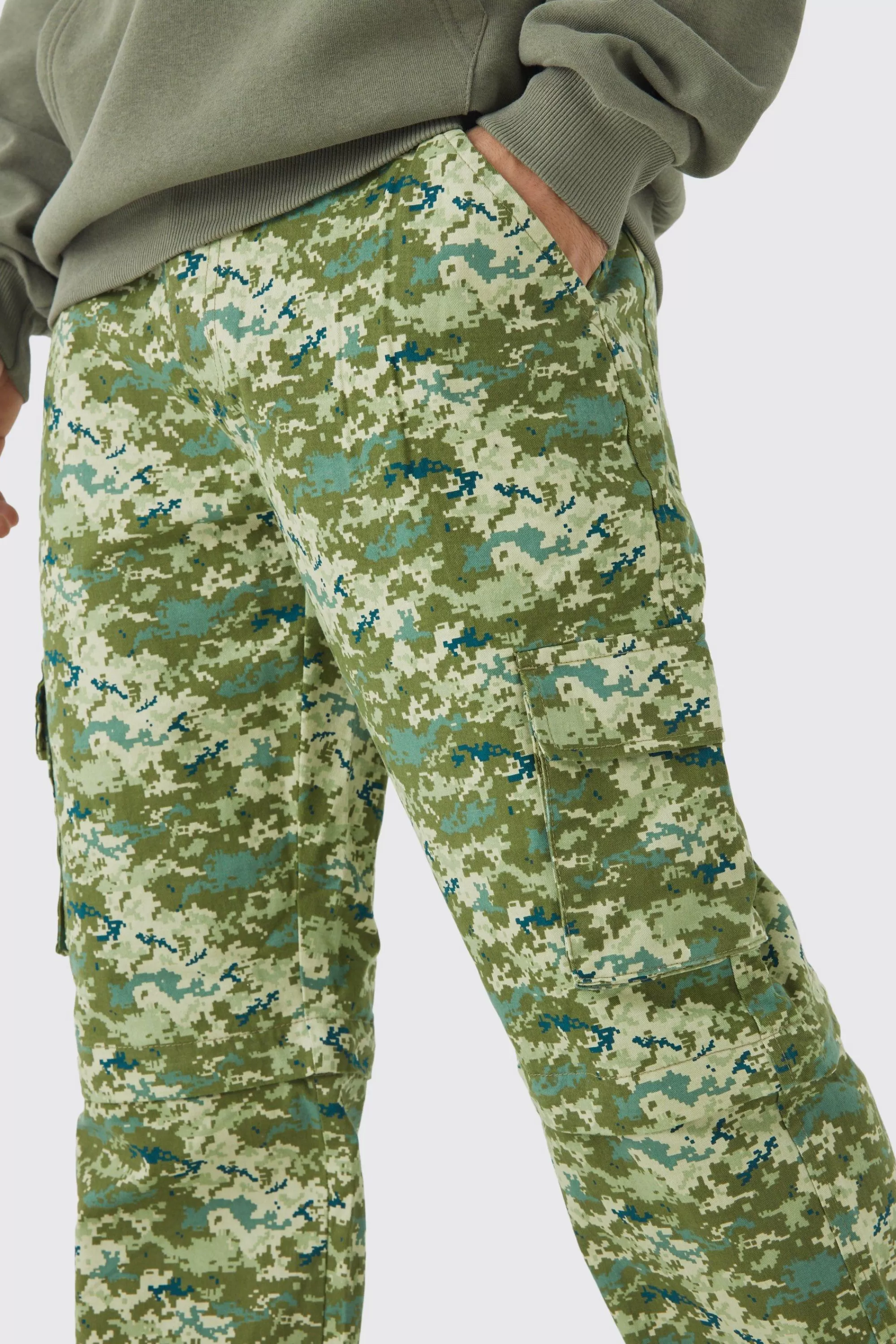 boohooMAN Fixed Waist Relaxed Zip Off Leg Camo Cargo Trouser | UK