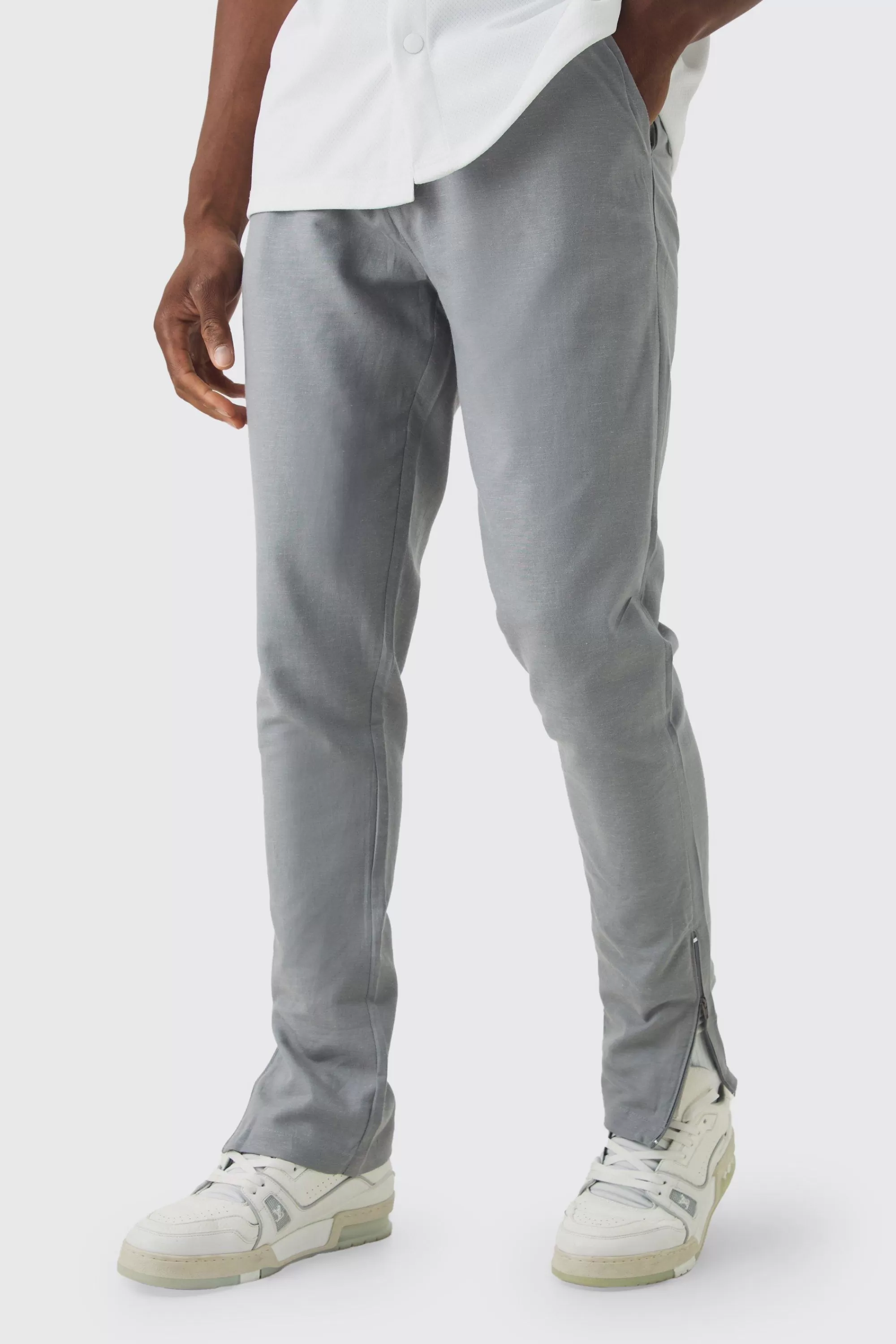 boohooMAN Fixed Waist Skinny Linen Trouser | UK